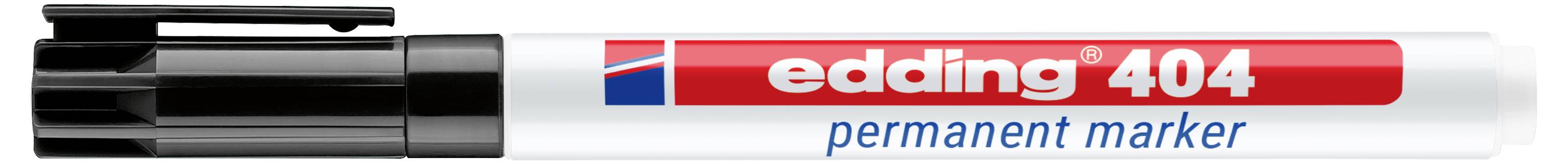 Ein schwarzer Permanent Marker mit der Bezeichnung „edding 404" mit roter und blauer Markierung.