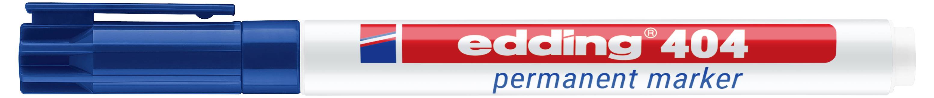 Blaugedeckelter rot-weißer Edding 404 Permanentmarker horizontal dargestellt, mit "edding 404" und "Permanentmarker" auf dem Schaft.