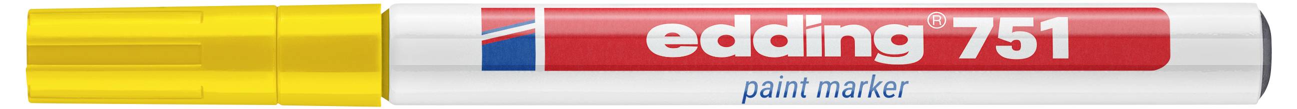 Gelb gekappter Edding 751 Lackmarker mit rot-weiß gestreiftem Schaft mit der Beschriftung „edding 751 paint marker".
