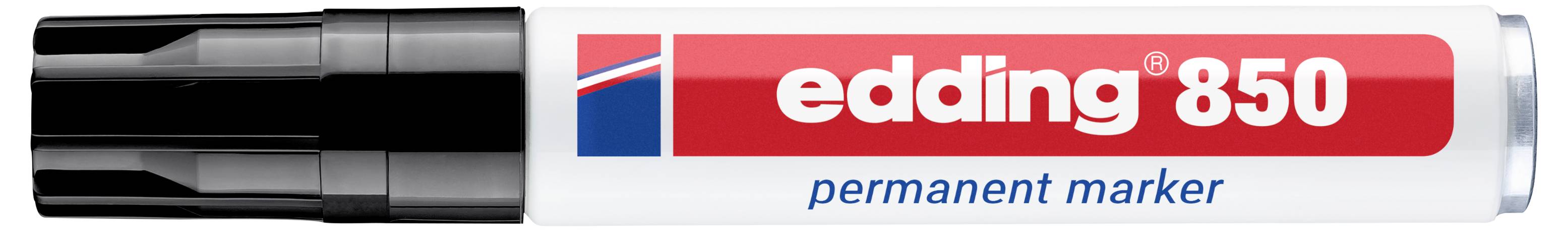 Schwarzer Permanentmarker mit der Aufschrift „edding 850" auf einem weißen Schaft mit rotem und blauem Branding.