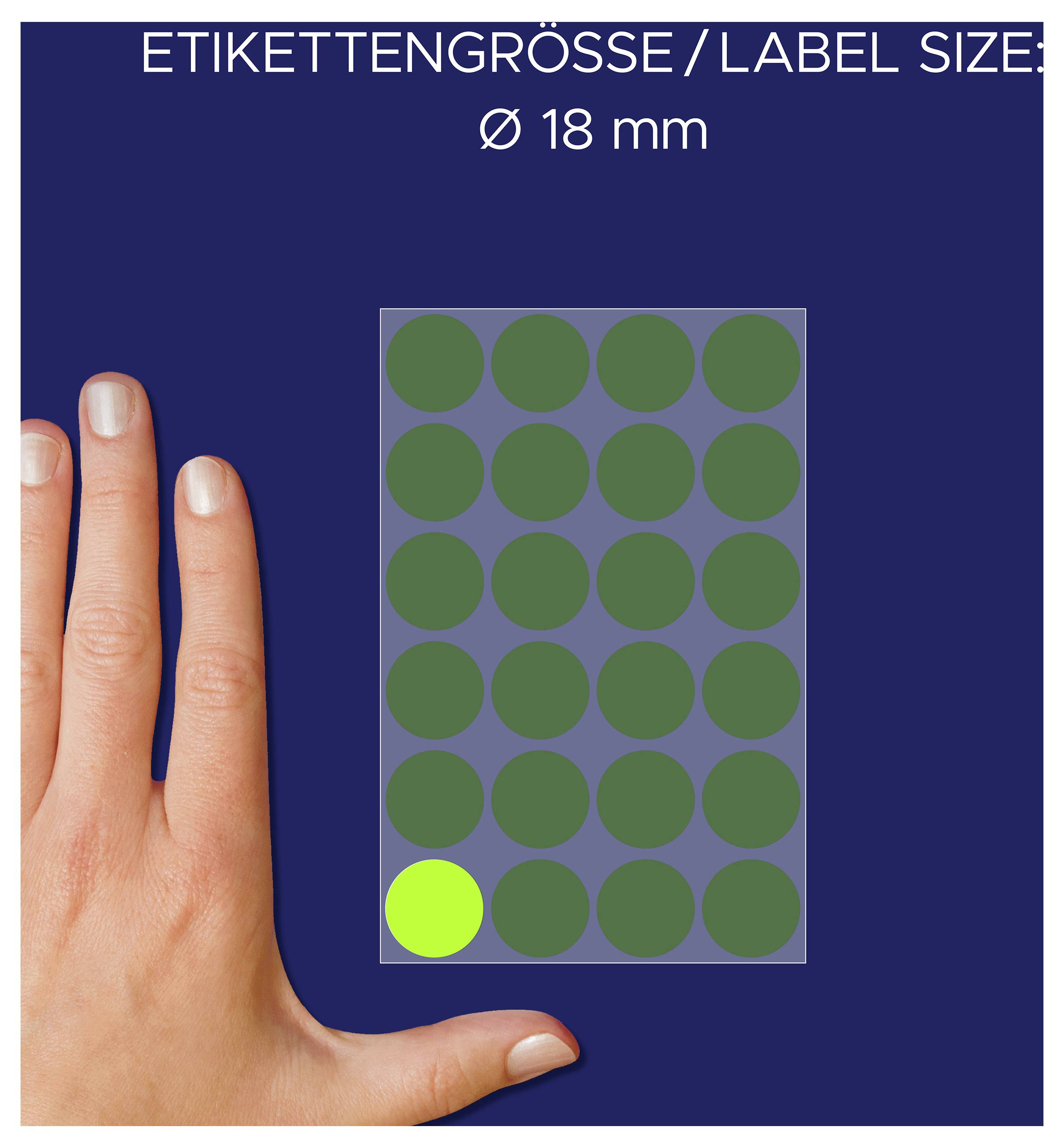 Illustration der Etikettengröße: Rechteck mit 18 kreisförmigen Labels Ø 18 mm; ein Label unten links ist hervorgehoben.
