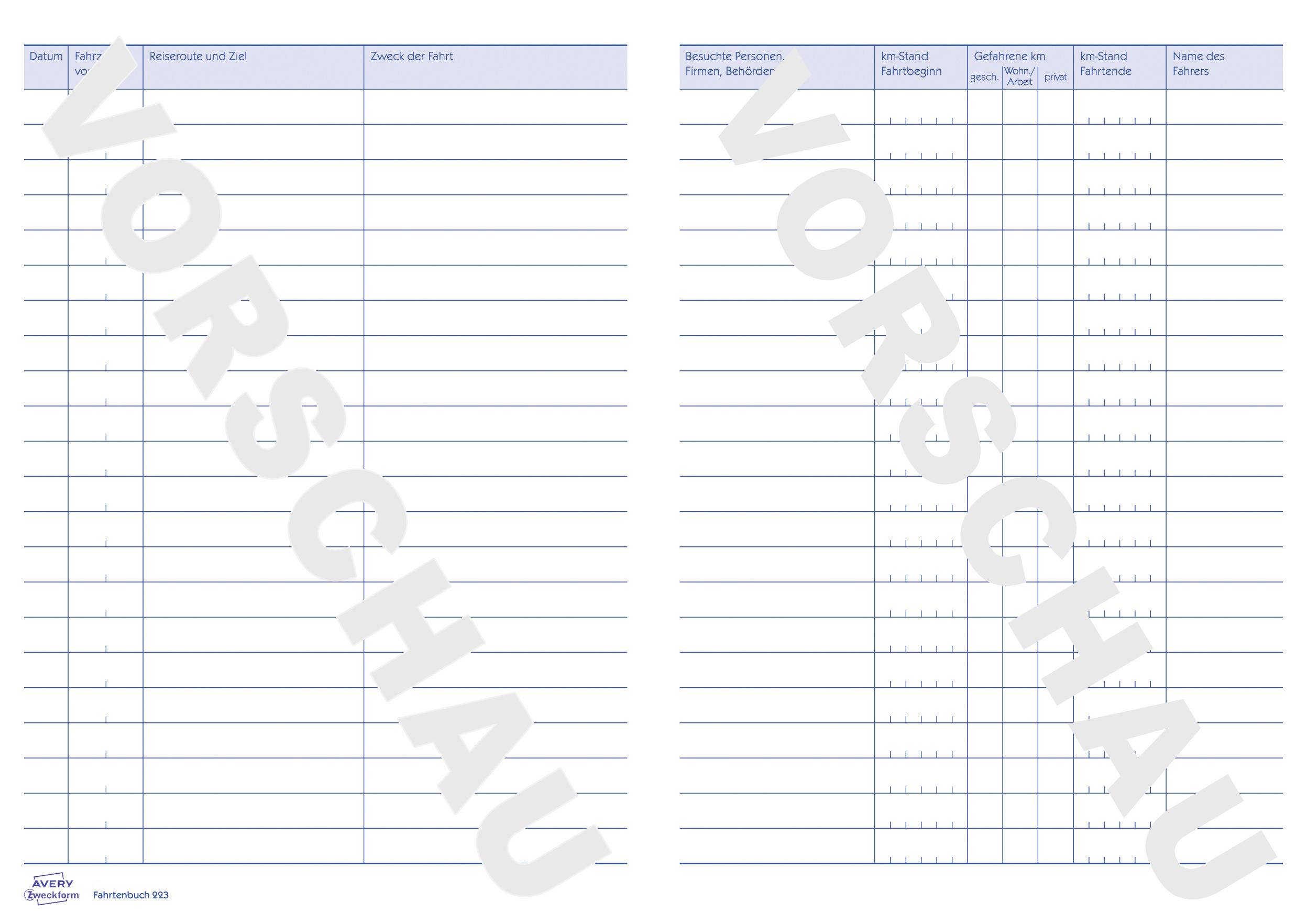 Avery-Zweckform 223 DIN A5 Fahrtenbuch Anzahl der Blätter: 40 Weiß 40 Blatt