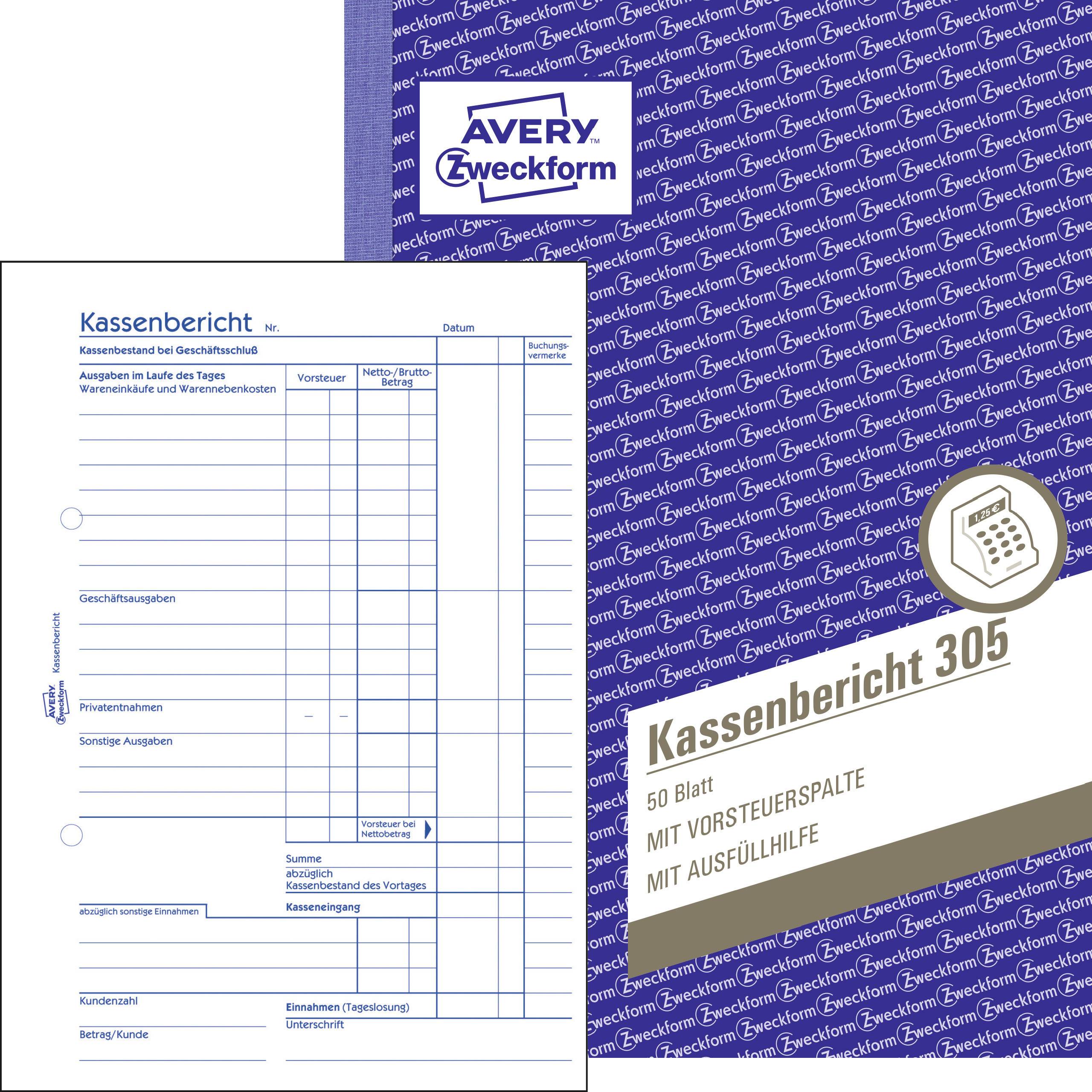 Das Bild zeigt ein Avery Zweckform Kassenbericht 305 Pack mit 50 Blättern und vorgedruckten Feldern für Einnahmen und Ausgaben.