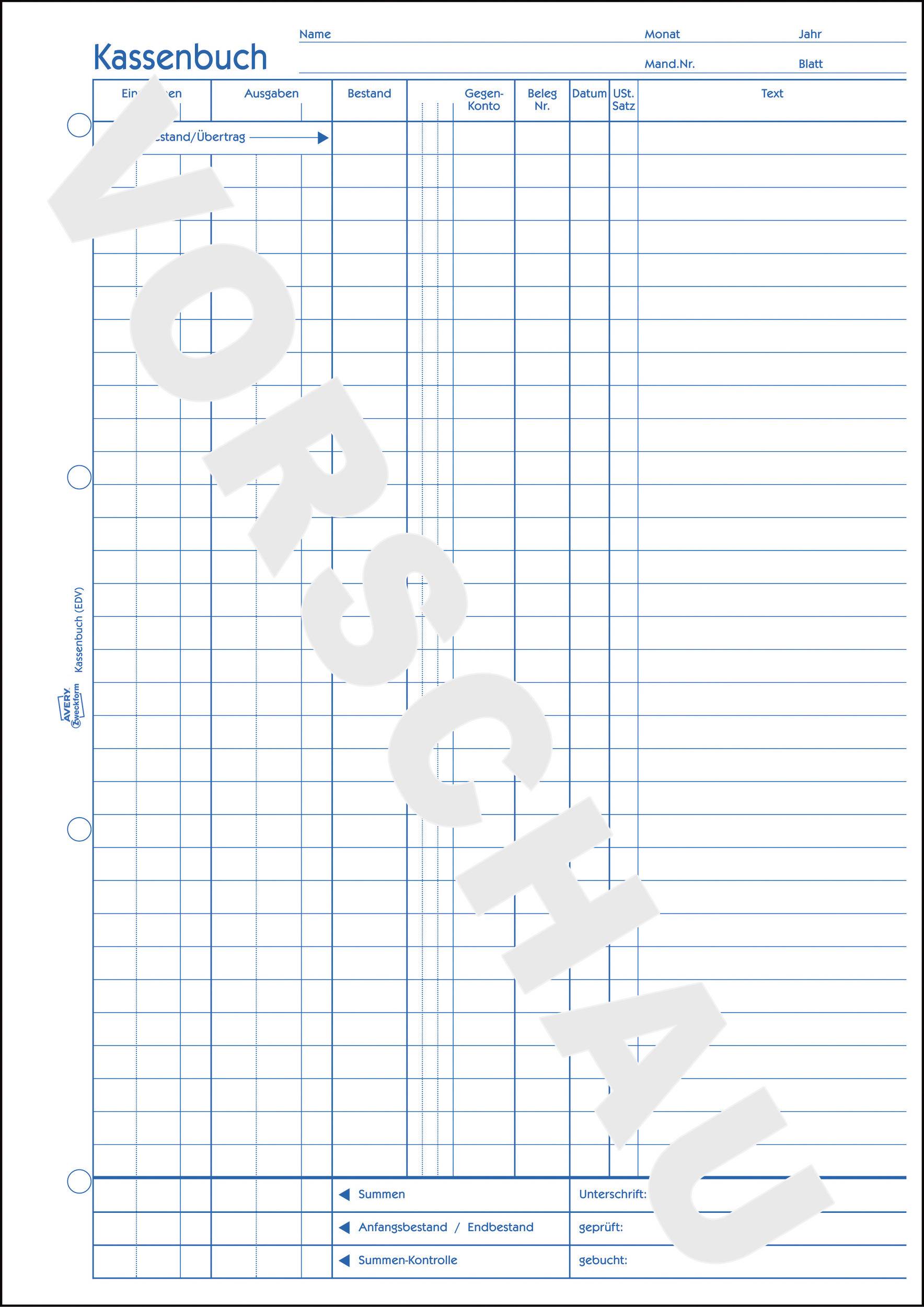 Ein leeres Kassenbuchformular mit Spalten für Einnahmen, Ausgaben, Belegnummer und Text. Großes Wasserzeichen 'VORSCHAU' diagonal über der Seite.