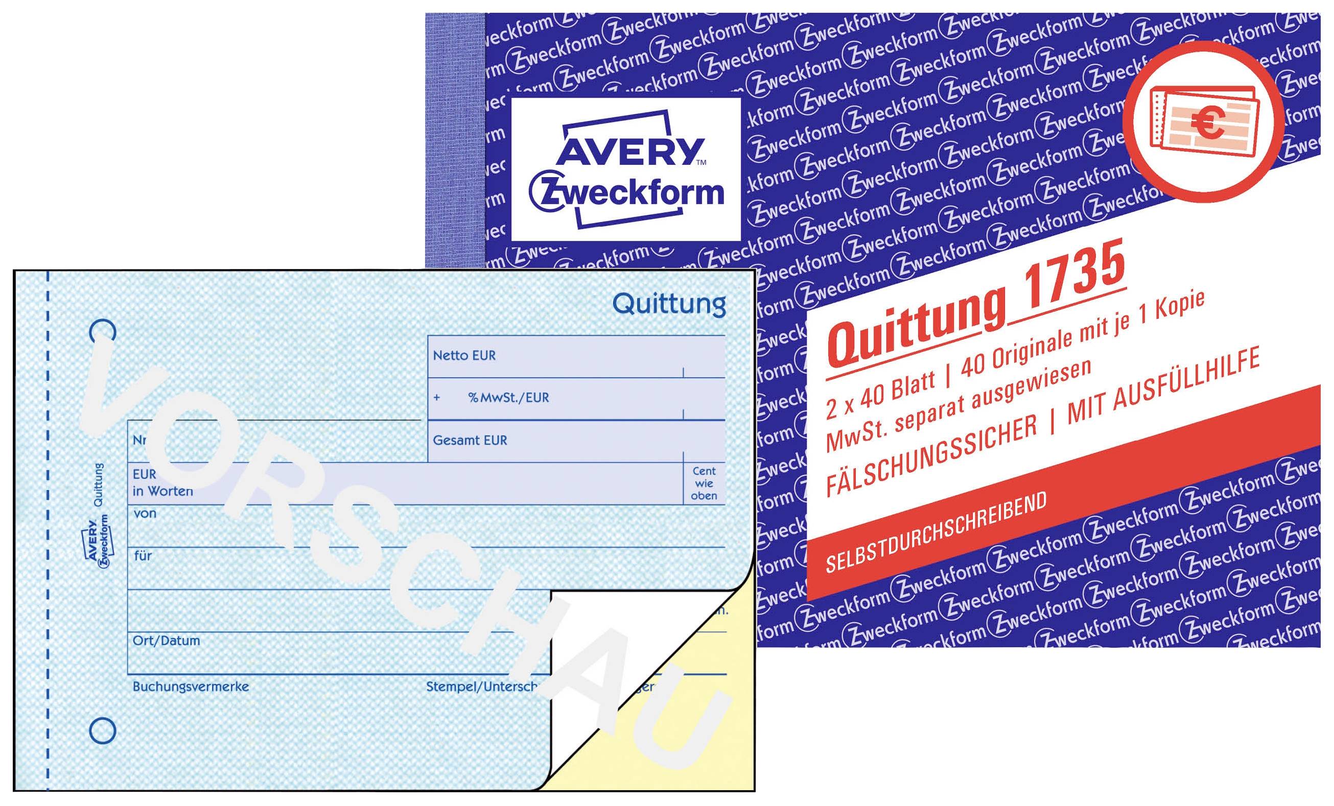 Avery-Zweckform 1735 Quittung Formular DIN A6 quer Anzahl der Blätter: 40 Weiß 80 Blatt