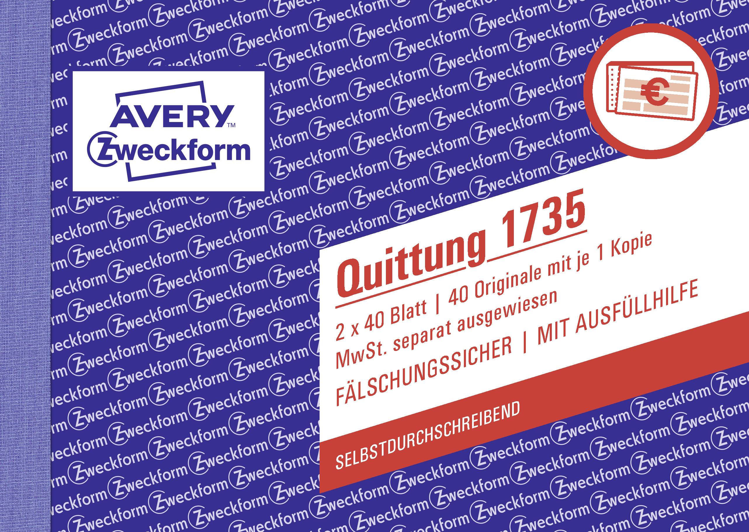 Avery-Zweckform 1735 Quittung Formular DIN A6 quer Anzahl der Blätter: 40 Weiß 80 Blatt