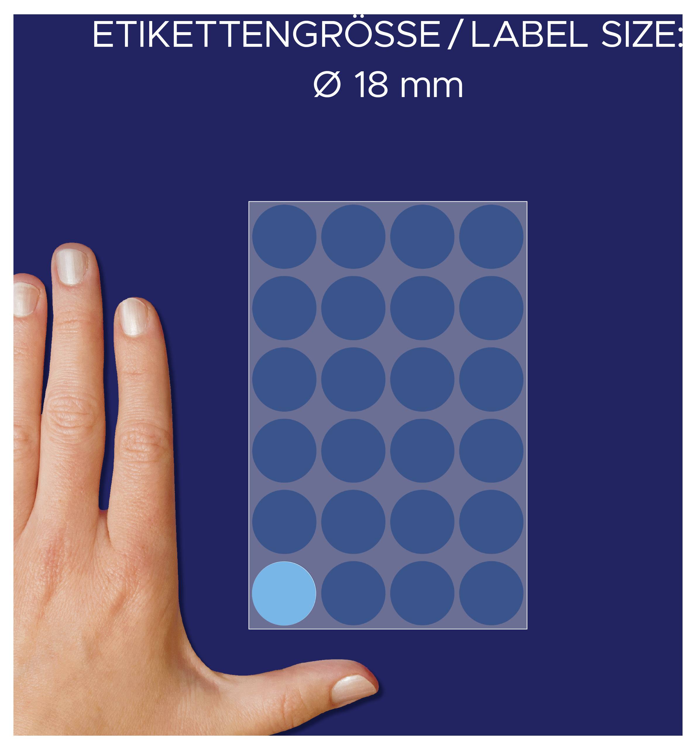 Grafische Darstellung der Etikettengröße 'Ø 18 mm' mit einem 4x6-Raster aus runden Labels; eine Hand dient als Maßstab, ein Label ist hervorgehoben.