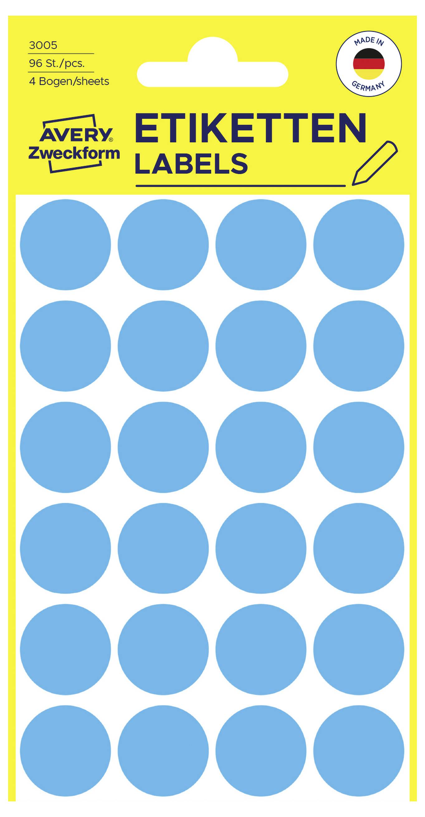 Packung Avery Zweckform runde blaue Etikettensticker, 96 Stück, mit 'ETIKETTEN LABELS' und einem deutschen Flaggen-'Made in Germany'-Siegel.