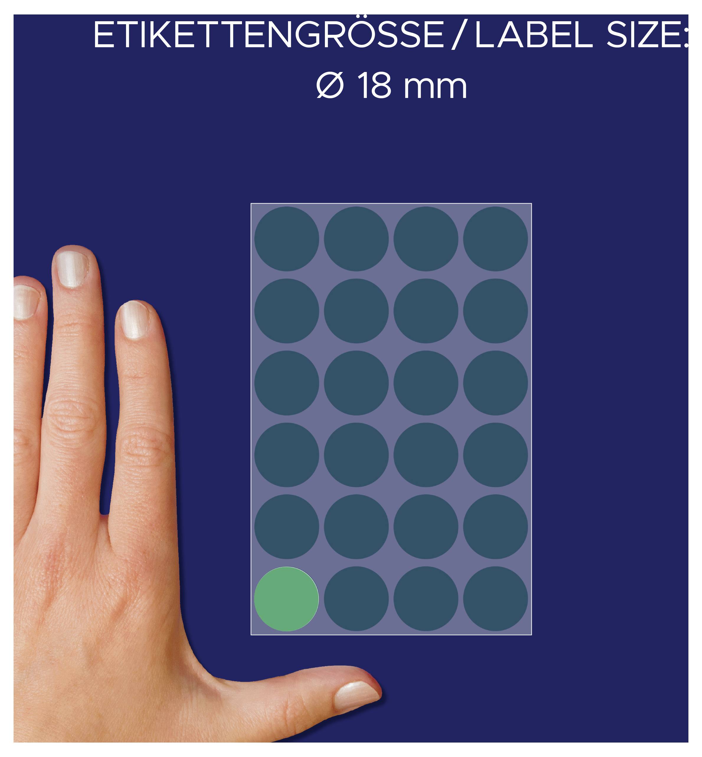 Grafik zur Etikettengröße: 'ETIKETTENGRÖSSE/LABEL SIZE', Ø 18 mm; Hand zeigt Größenvergleich mit einem Raster aus runden Aufklebern, ein Aufkleber ist markiert.