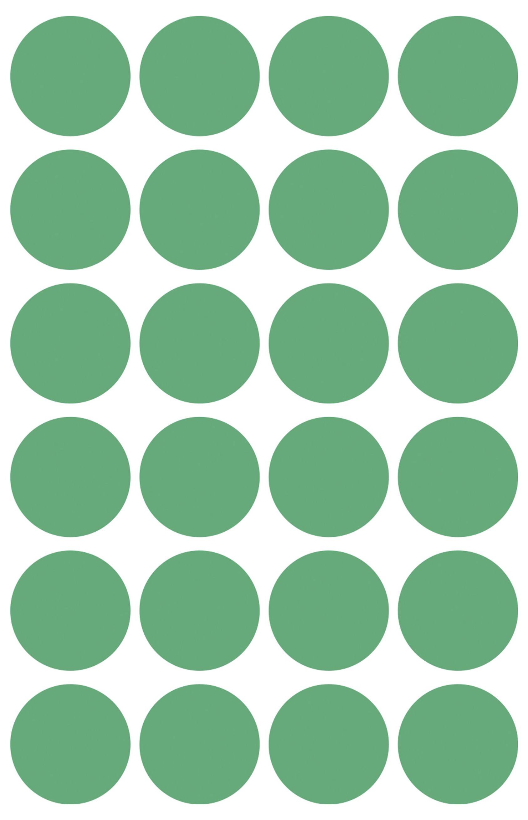 Ein 4 Spalten mal 6 Reihen Gitter mit gleichmäßig verteilten grünen Kreisen auf weißem Hintergrund.