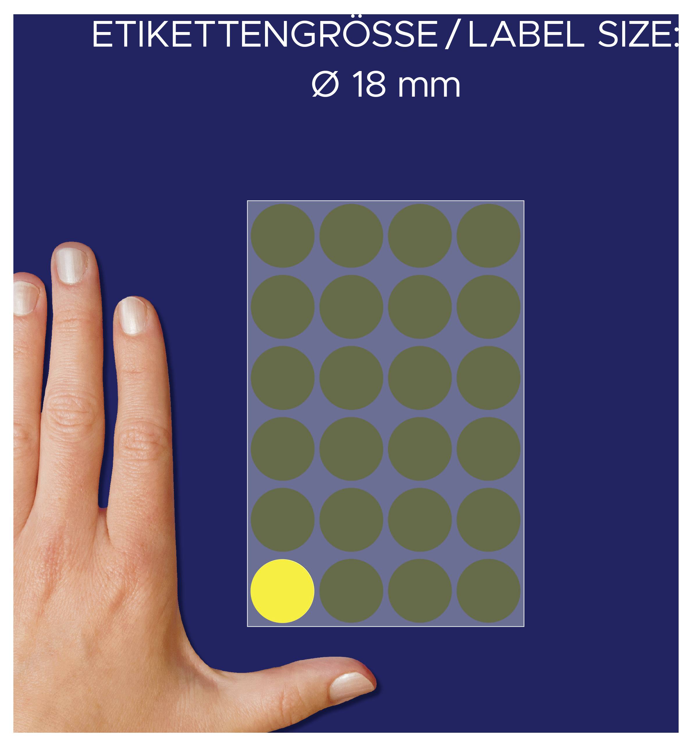 Etikettengröße 'Ø 18 mm' mit Raster aus runden Aufklebern; ein gelber Kreis markiert die Größe im Verhältnis zur Hand.