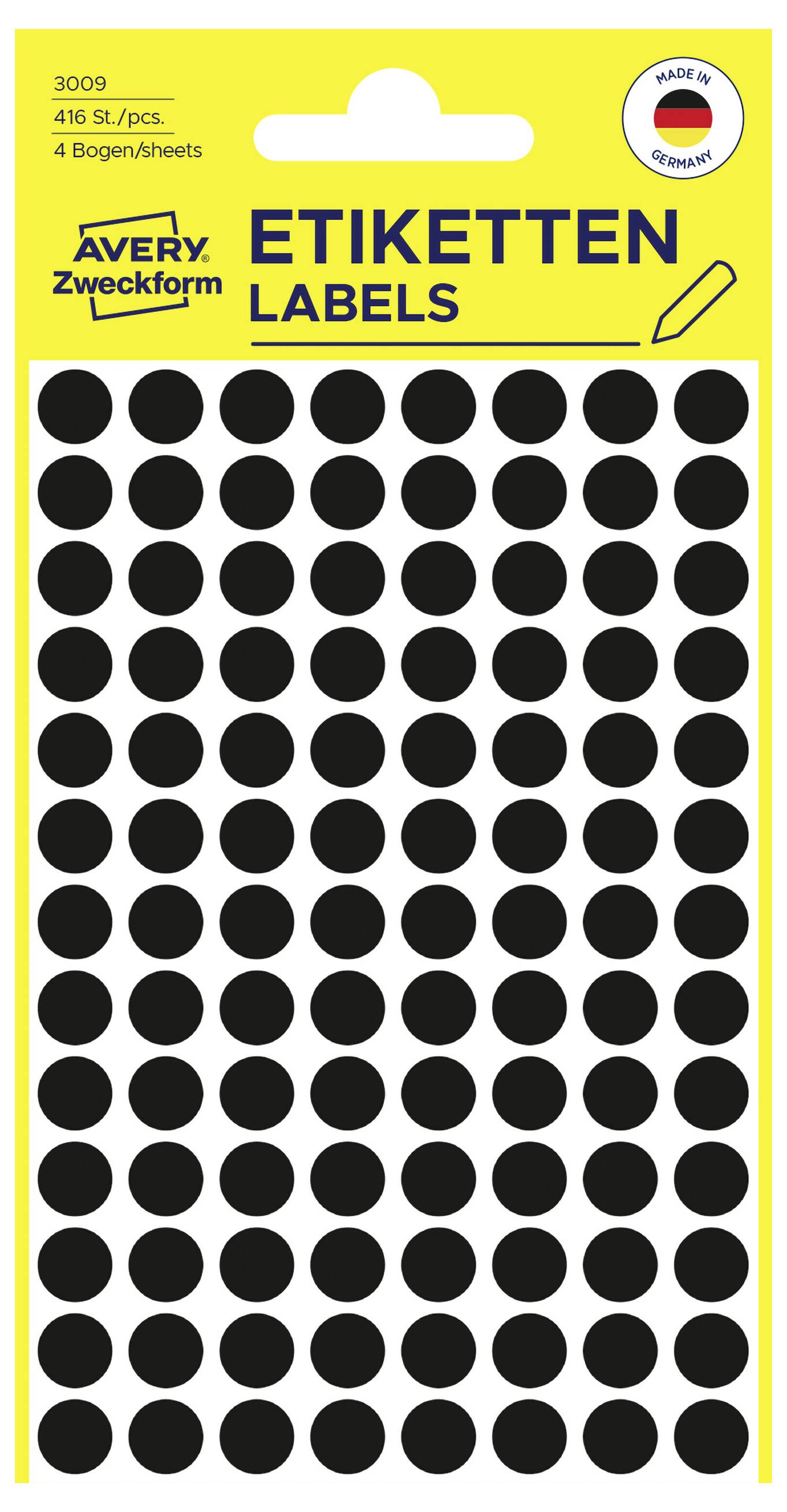 Packung Avery Zweckform schwarze runde selbstklebende Etiketten, 416 Etiketten, 4 Blatt, ETIKETTEN LABELS, hergestellt in Deutschland
