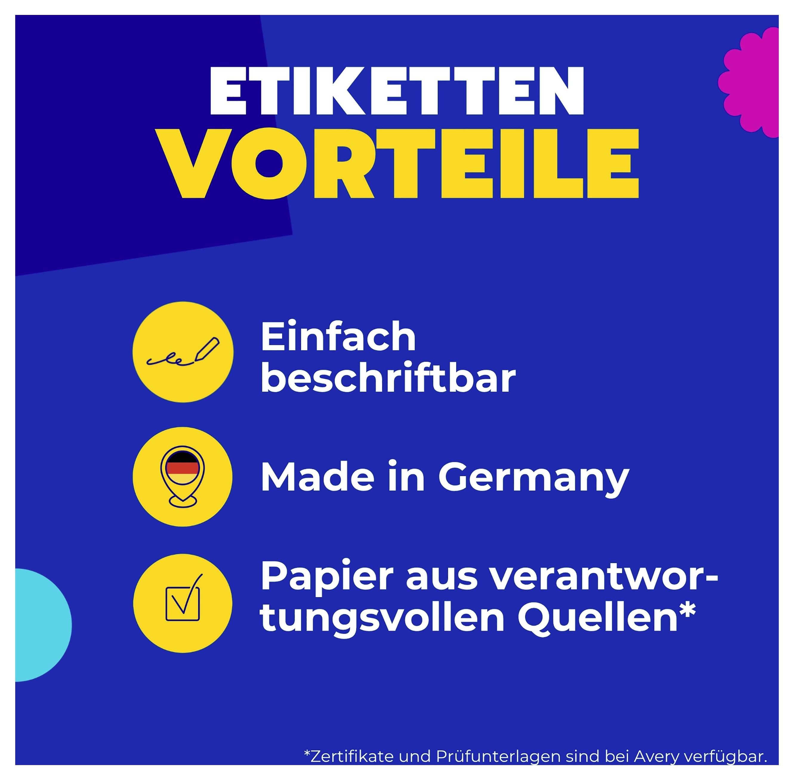 Werbegrafik mit Überschrift 'ETIKETTEN VORTEILE' und drei Punkten: 'Einfach beschriftbar', 'Made in Germany', 'Papier aus verantwortungsvollen Quellen*'.