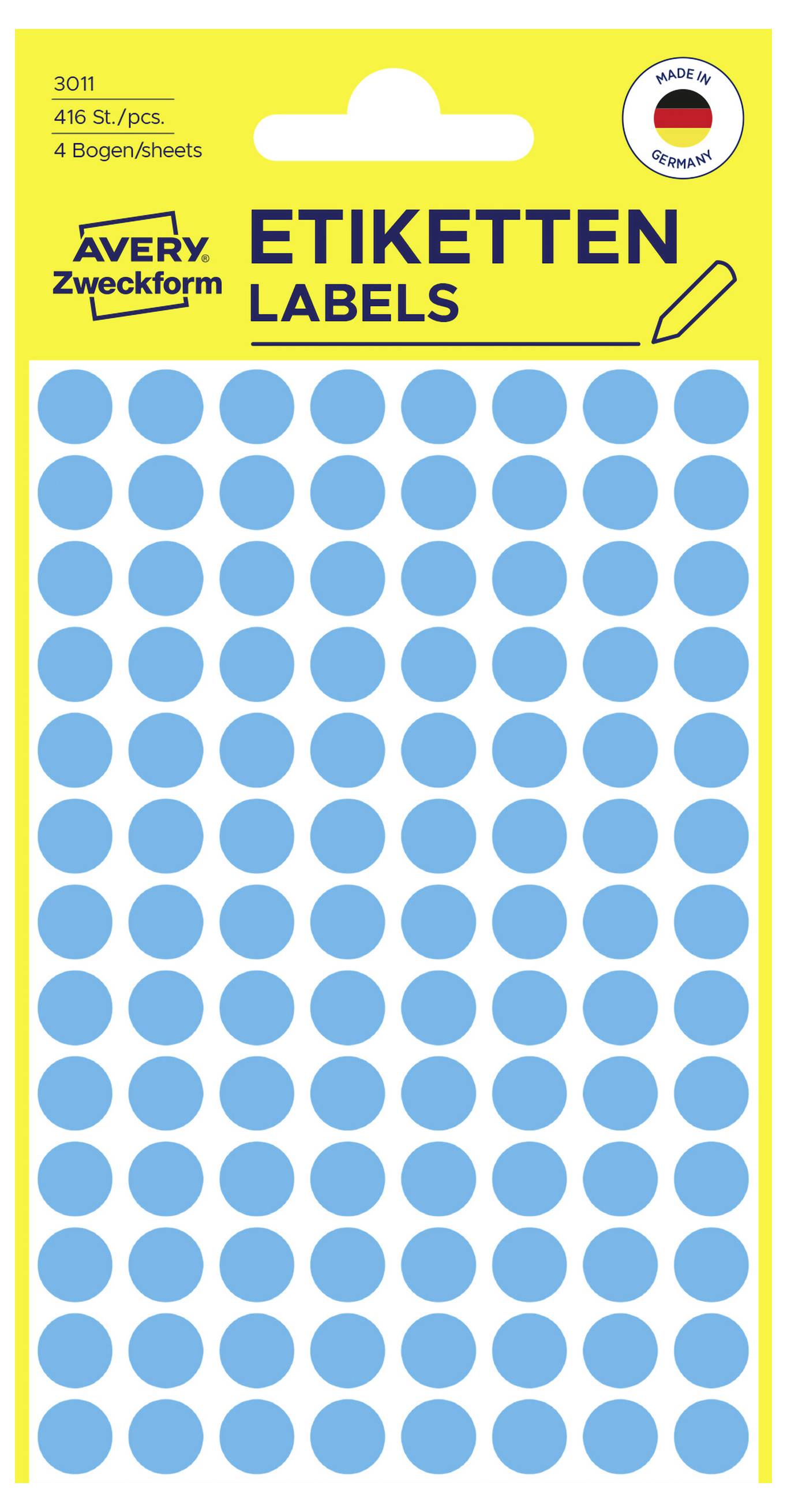 Avery Zweckform Etiketten Etikettenpackung mit 416 runden blauen Klebeetiketten, Größe 8,4 x 10,7 cm, hergestellt in Deutschland.