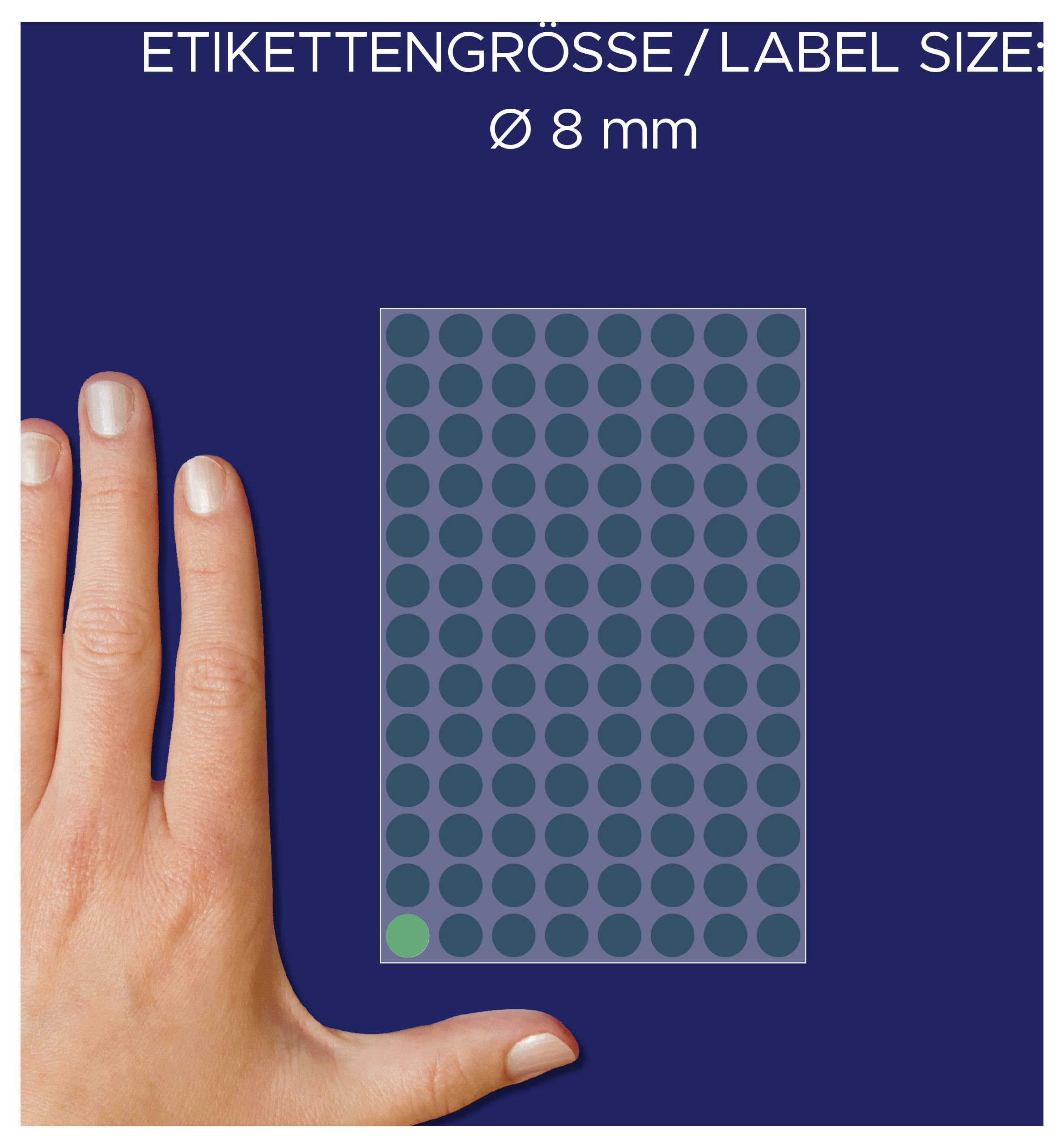Etikettengröße 'Ø 8 mm' wird als Punktgitter auf einer Hand im Maßstab gezeigt.
