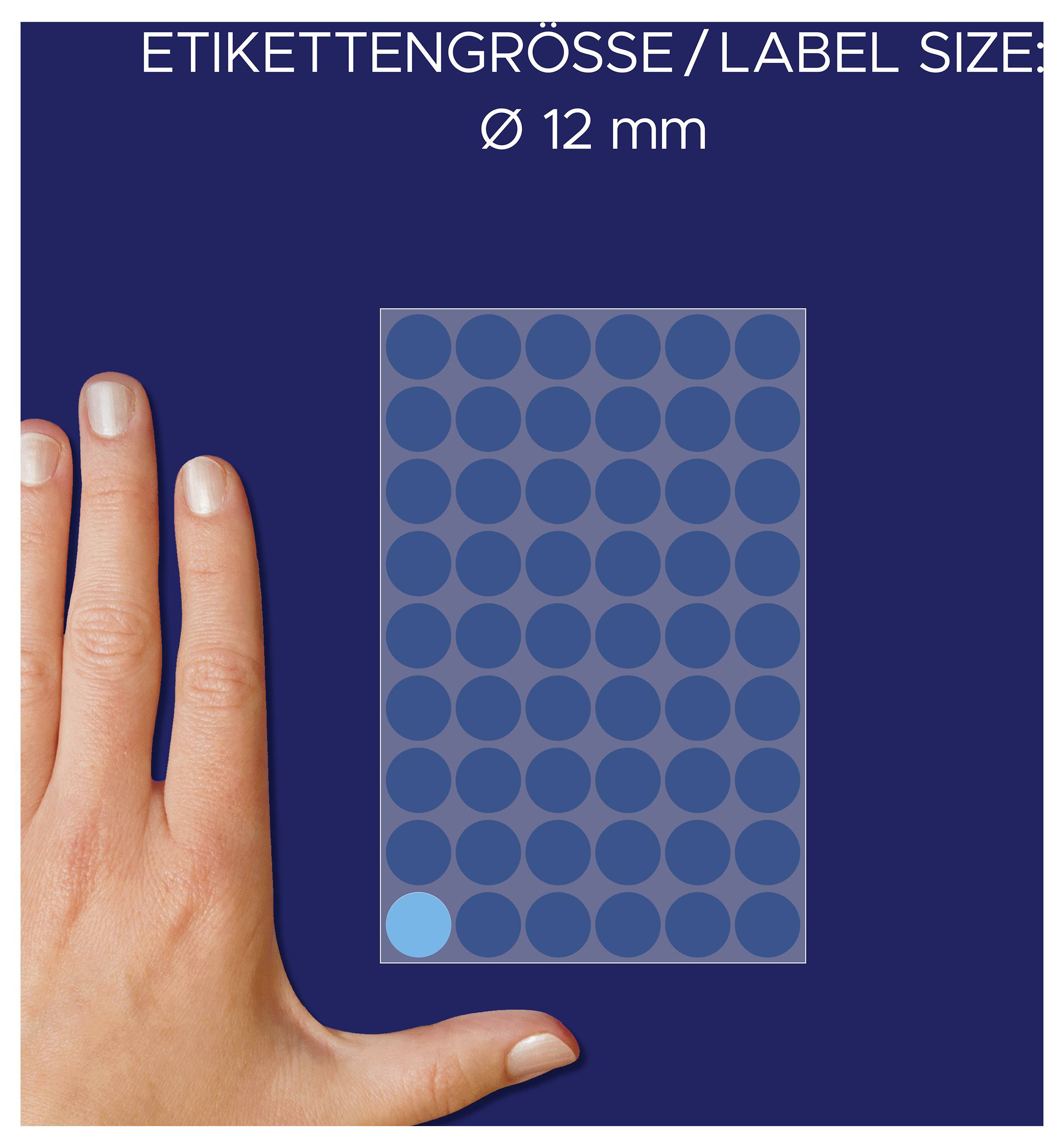 Vergleichsbild für Etikettengröße: 'ETIKETTENGRÖSSE / LABEL SIZE', Ø 12 mm, mit Punktfeld und Hand als Maßstab.