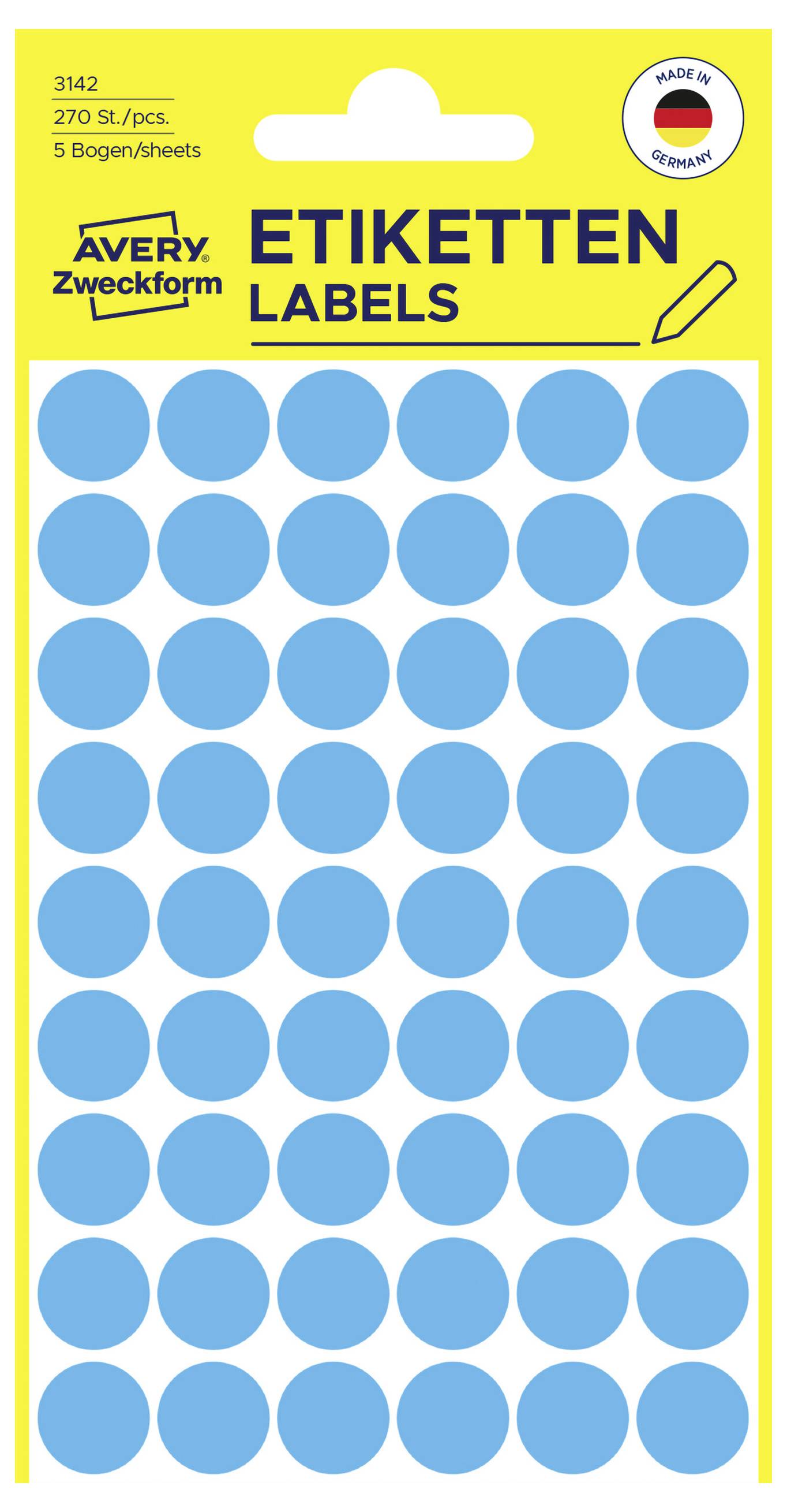 Avery Zweckform runde blaue Haftungsetiketten-Packung, 270 Etiketten pro Blatt, mit deutschem Text „ETIKETTEN LABELS" und „Made in Germany" Siegel.
