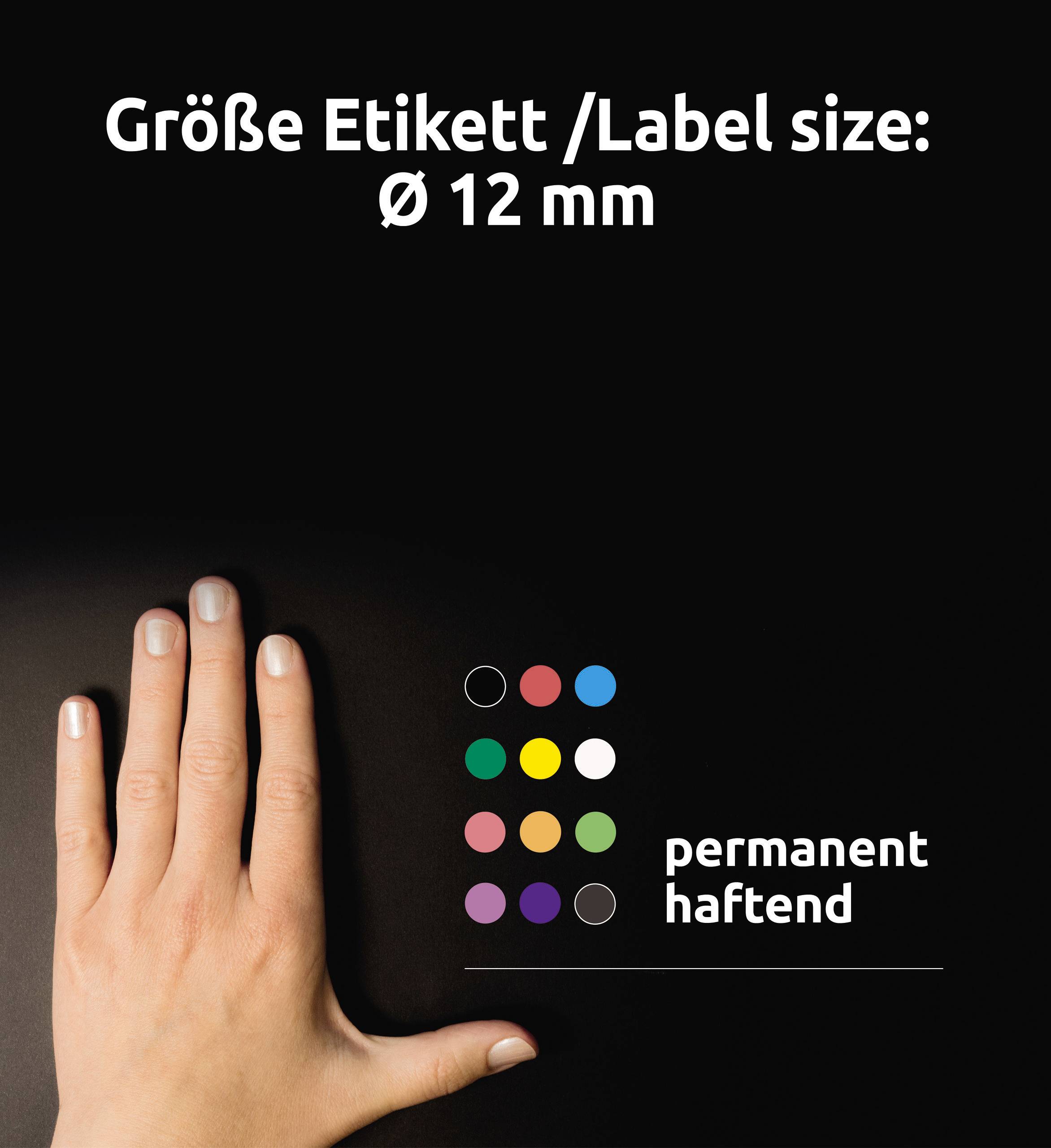 Eine Hand neben Farbetiketten verschiedener Farben mit der Aufschrift 'Größe Etikett/Label size: Ø 12 mm, permanent haftend'.