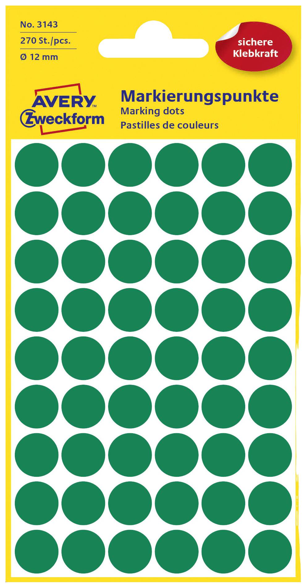 Eine Packung mit grünen Markierungspunkten, 270 Stück, Avery Zweckform, mit sicherer Klebkraft, Durchmesser 12 mm.