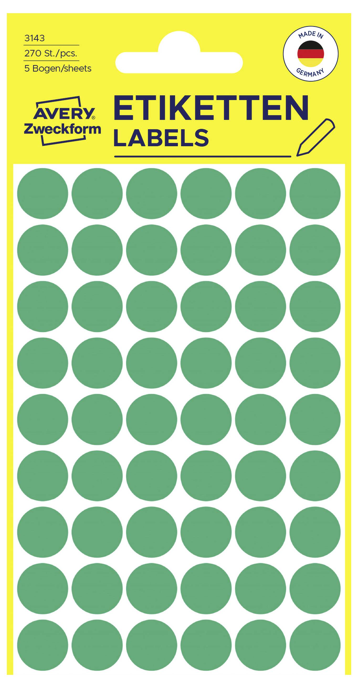 Packung mit Avery Zweckform grünen runden Etiketten, Produkt 3143, 270 Etiketten, Größe 50 mm, zum Drucken und Beschriften.