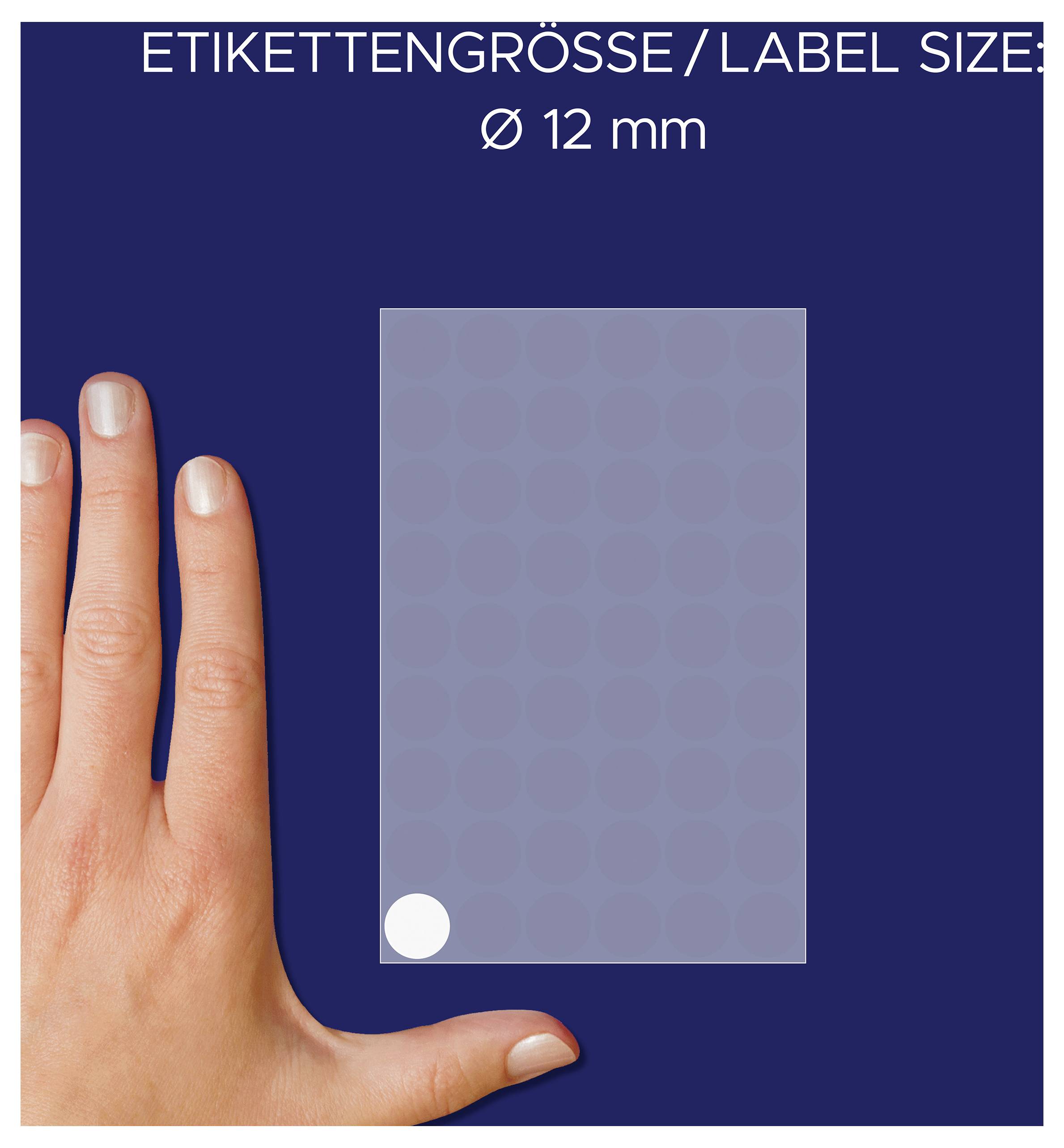 Beispiel für Etikettengröße: rechteckiges Label mit Ø 12 mm, gezeigt neben einer Hand zur Größenveranschaulichung.