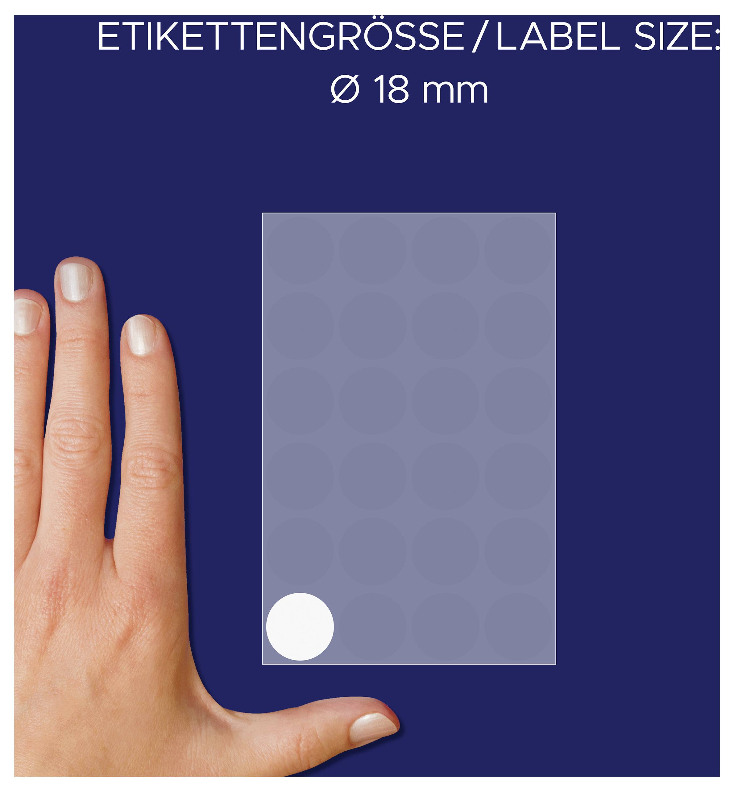 Hand neben quadratischem Etikett; Größenangabe: 'ETIKETTENGRÖSSE/LABEL SIZE Ø 18 mm' mit weißem Punkt als Größenvergleich.