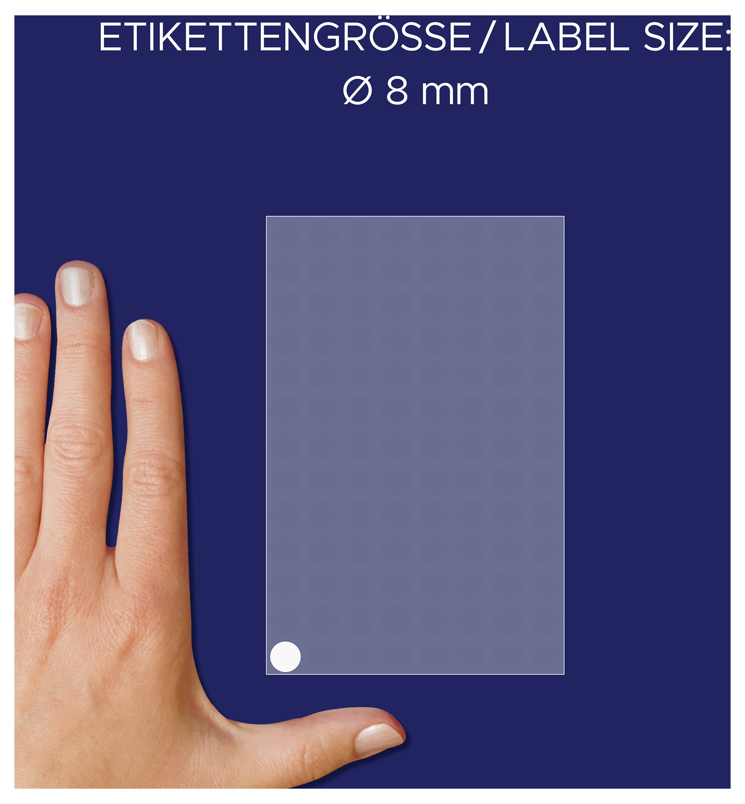 Grafik zur Etikettengröße: transparentes Etikett mit Ø 8 mm, gezeigt neben einer Hand als Größenvergleich.