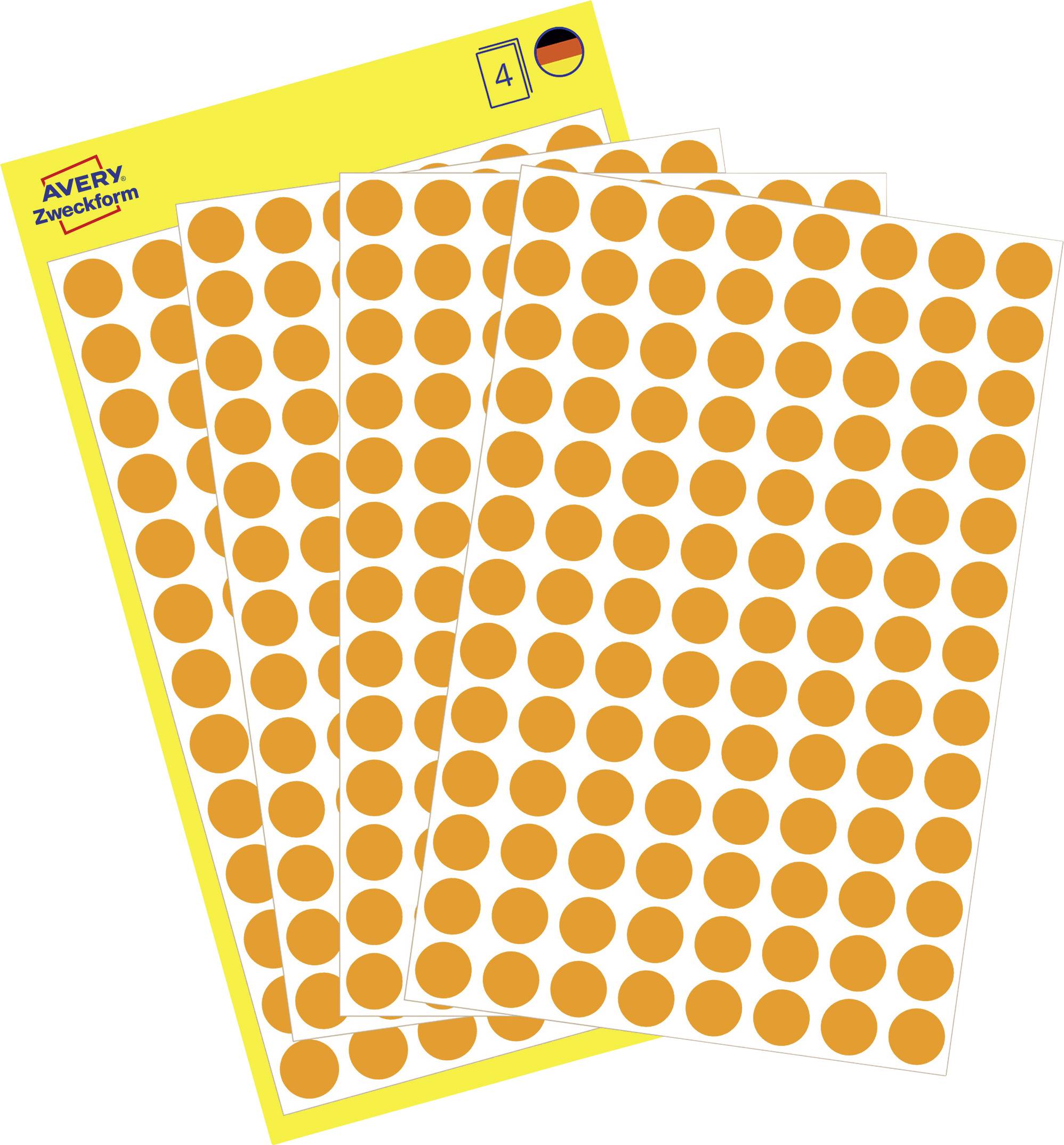 Avery Zweckform Packung mit vier Blättern orangefarbiger runder Haftklebeetiketten mit gelbem Umschlag, aufgefächert dargestellt.