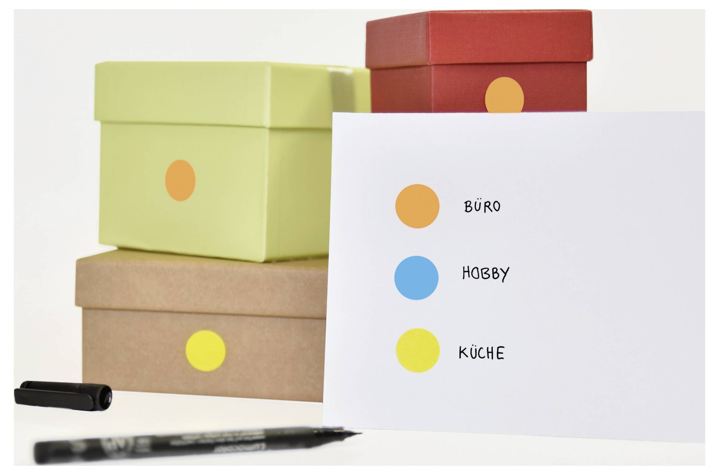 Beschriftete Aufbewahrungsboxen mit farbigen Punkten und Liste: 'BÜRO', 'HOBBY', 'KÜCHE'; zeigt eine Ordnung nach Kategorien.