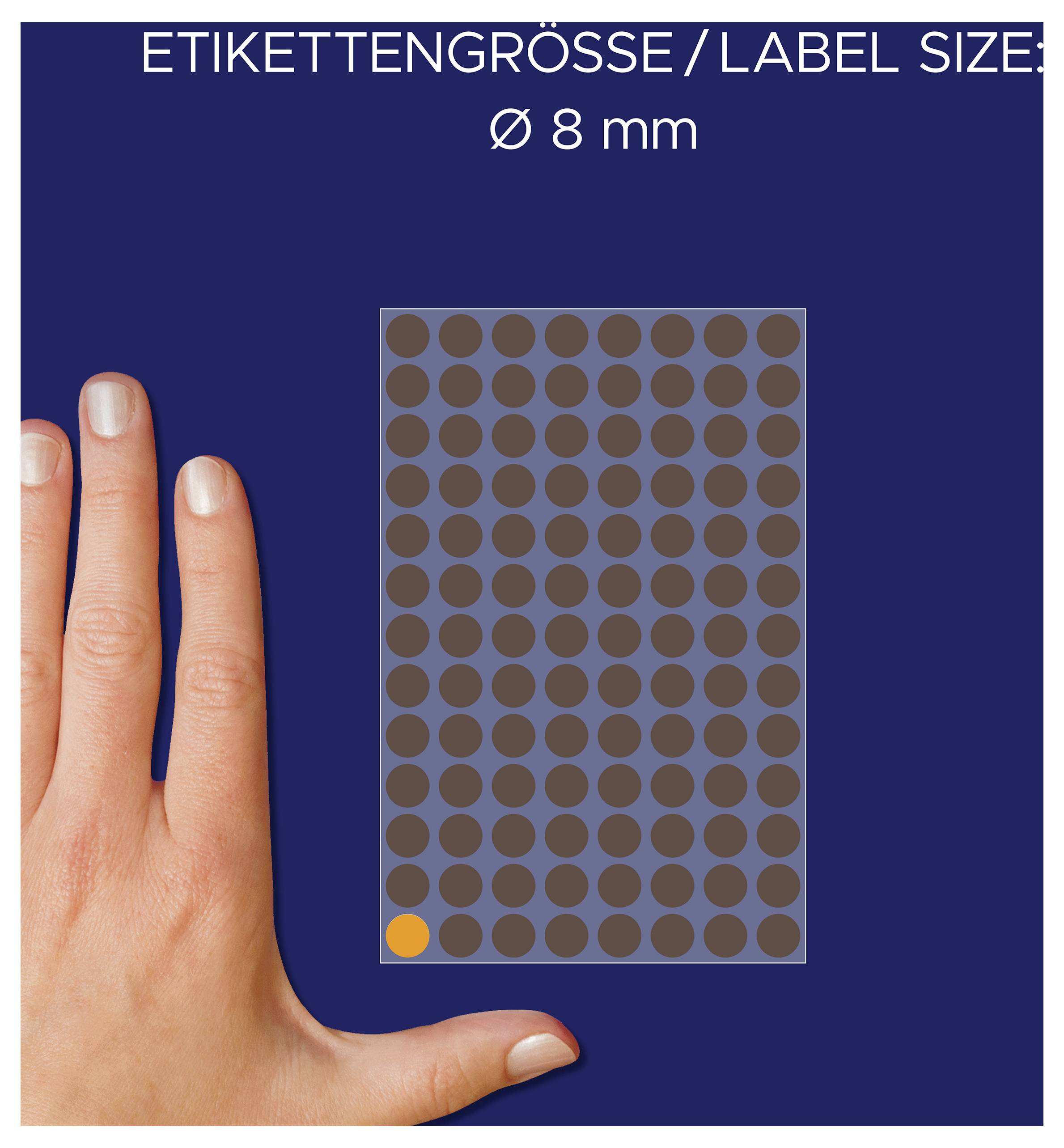 Vergleichsbild für Etikettengröße: Rechteckiges Feld mit vielen Punkten und der Beschriftung 'ETIKETTENGRÖSSE / LABEL SIZE Ø 8 mm'; Hand dient als Maßstab.