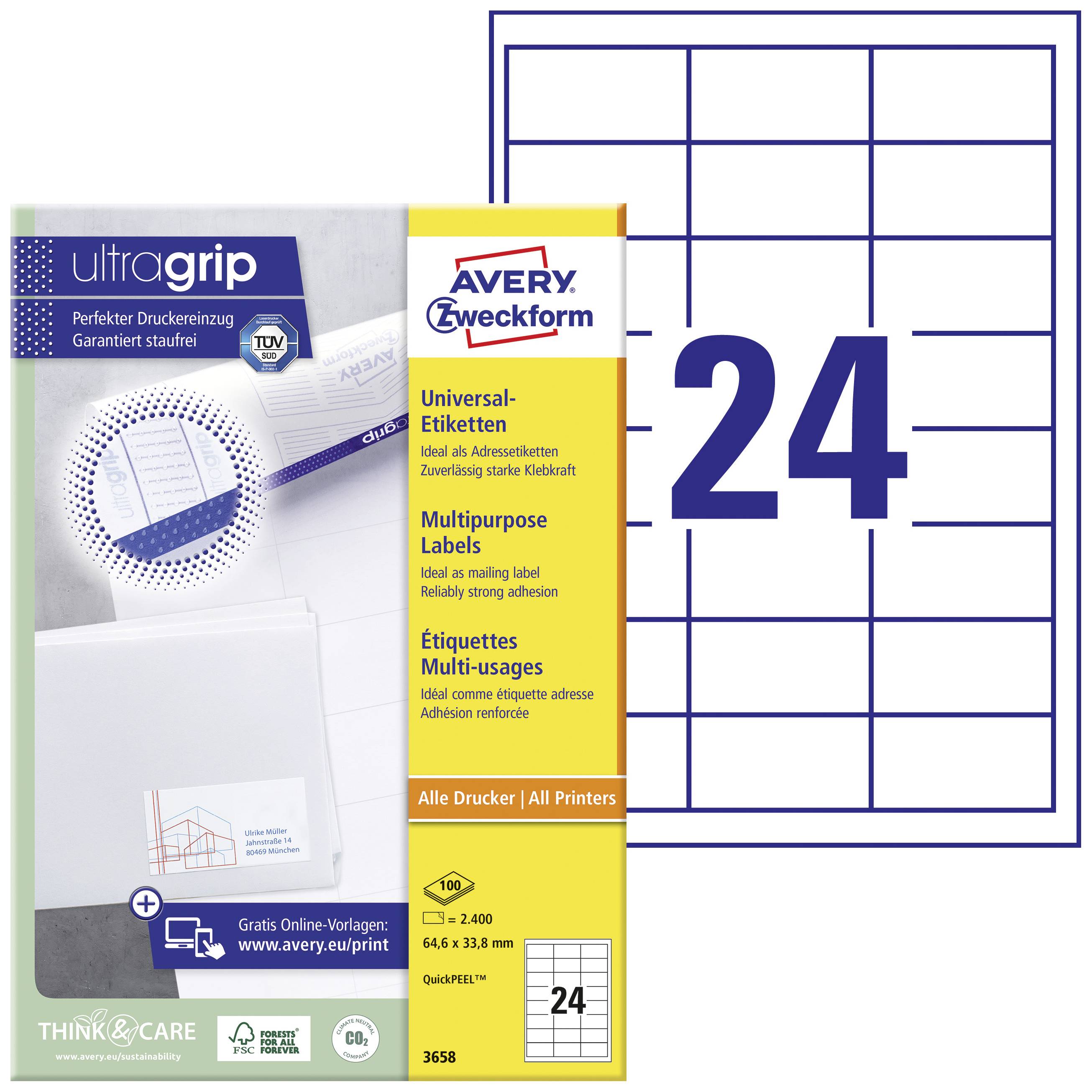 Etikettenverpackung von Avery Zweckform mit 24 Universal-Etiketten pro Bogen, geeignet für alle Drucker. Inklusive Online-Vorlagen.