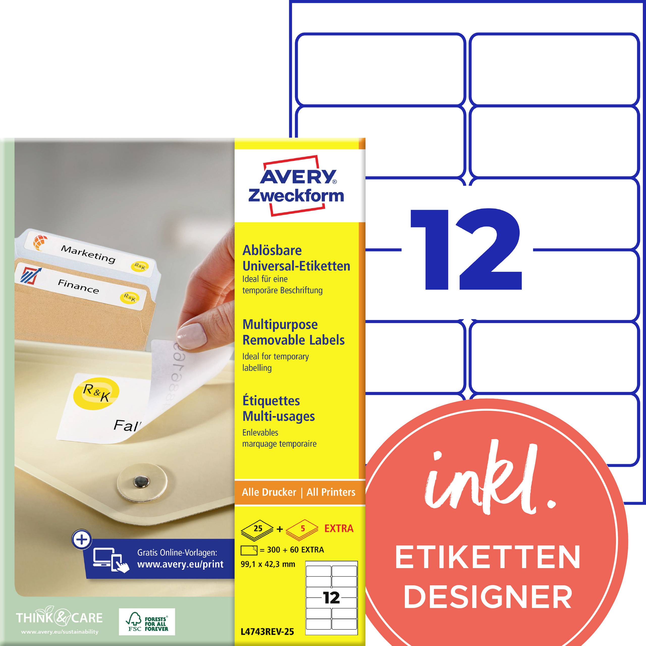 Produktbild von Avery Zweckform ablösbaren Etiketten, Größe 99,1 x 42,3 mm, 12 pro Blatt, für alle Drucker, mit enthaltenem Etikettengenerator.