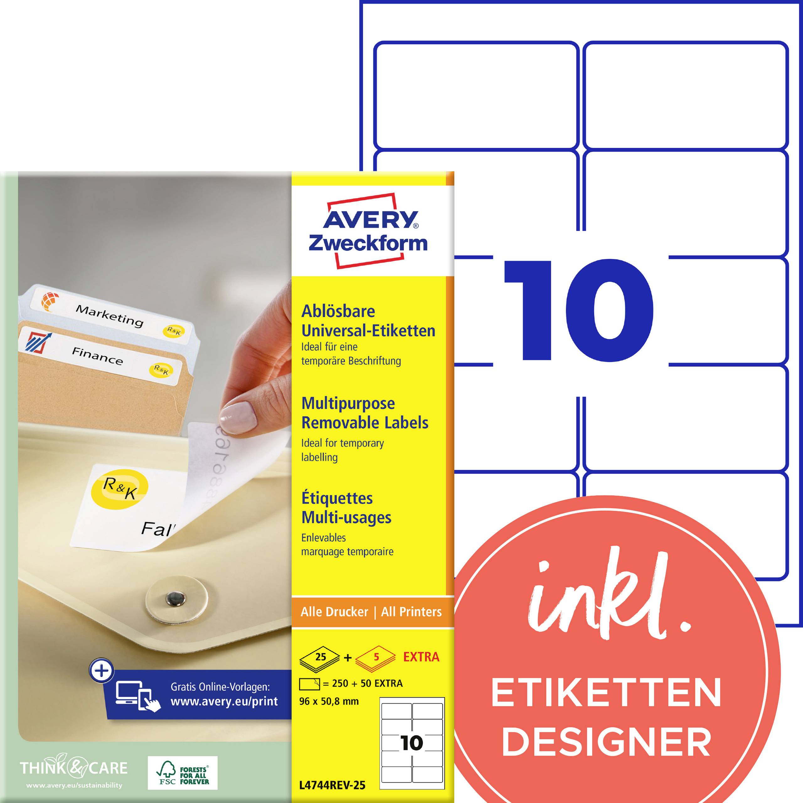 Avery Zweckform ablösbares Mehrzweck-Etiketten-Set, 10 Blatt, mit 'inkl. ETIKETTEN DESIGNER'; Bild zeigt Etiketten in einem Ordner und eine Hand, die eines abzieht.