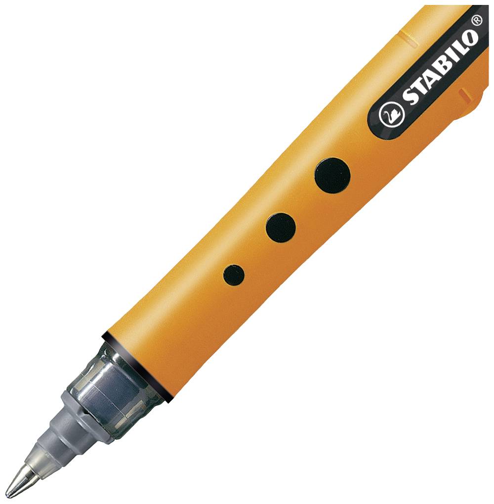 Orange Stift mit schwarzem Griff und 'STABILO'-Logo, zeigt die Spitze eines Kugelschreibers.