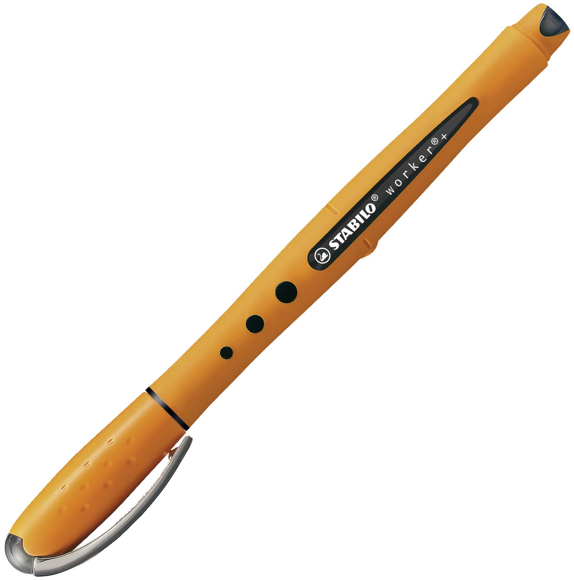 Oranger Kugelschreiber mit ergonomischem Griff und schwarzer Beschriftung 'Stabilo Worker+'.