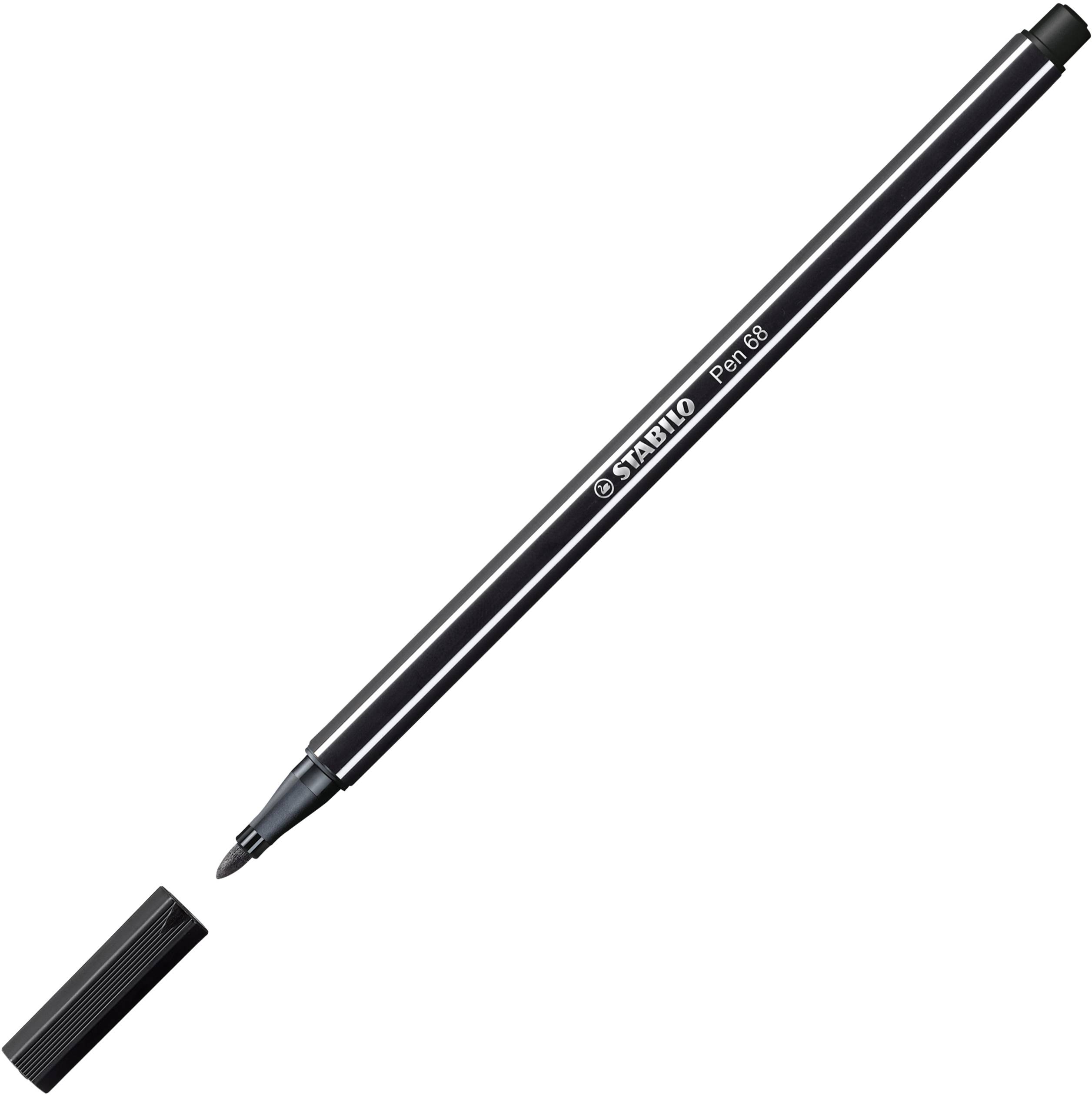 Schwarzer Stabilo Stift mit geöffneter Kappe, horizontal auf weißem Hintergrund.