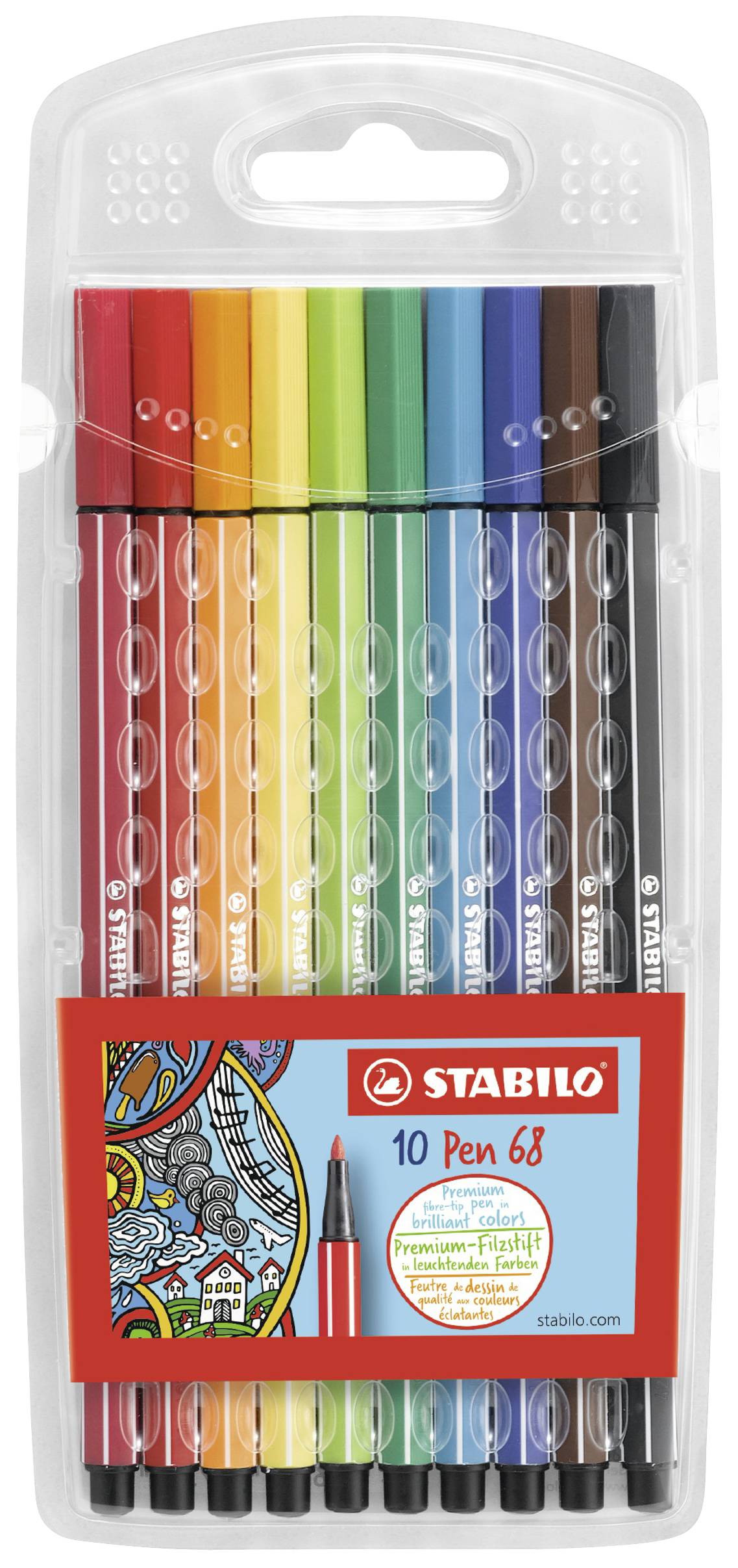 Zehn bunte Stabilo Stifte in einer transparenten Verpackung. Farben umfassen Rot, Orange, Gelb, Grün, Blau und Braun. Verpackung hat ein buntes Design.