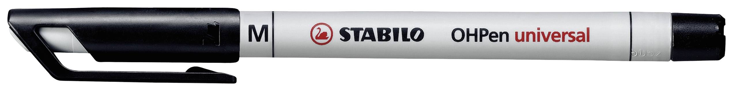 Weiße Stabilo Oh Pen universal Filzstift mit schwarzer Kappe und mittelgroßer Spitze, geeignet zum Schreiben auf verschiedenen Oberflächen.
