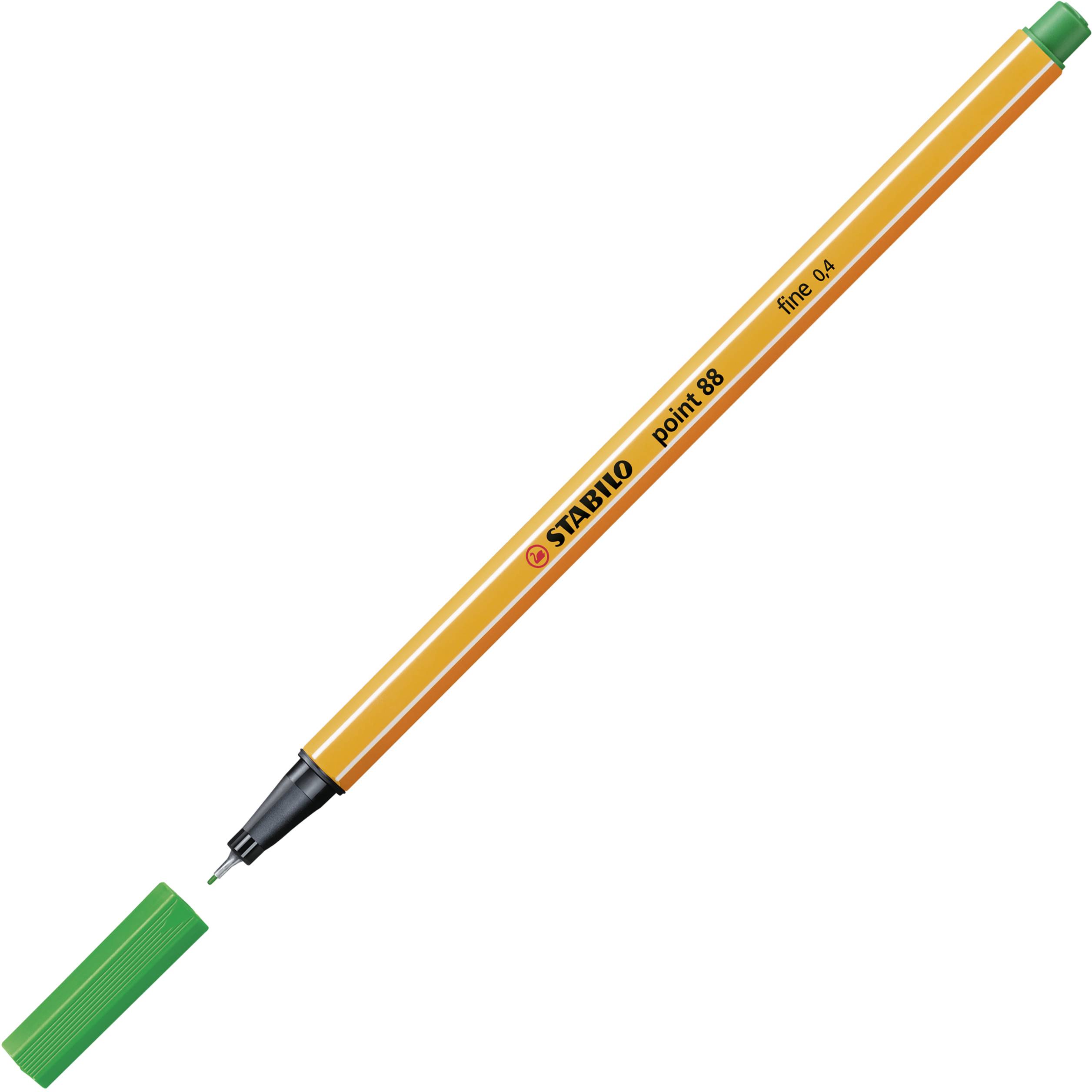 Ein orangefarbener Fineliner der Marke Stabilo mit grüner Kappe, Modell 'point 88', liegt so, dass die Spitze sichtbar ist.