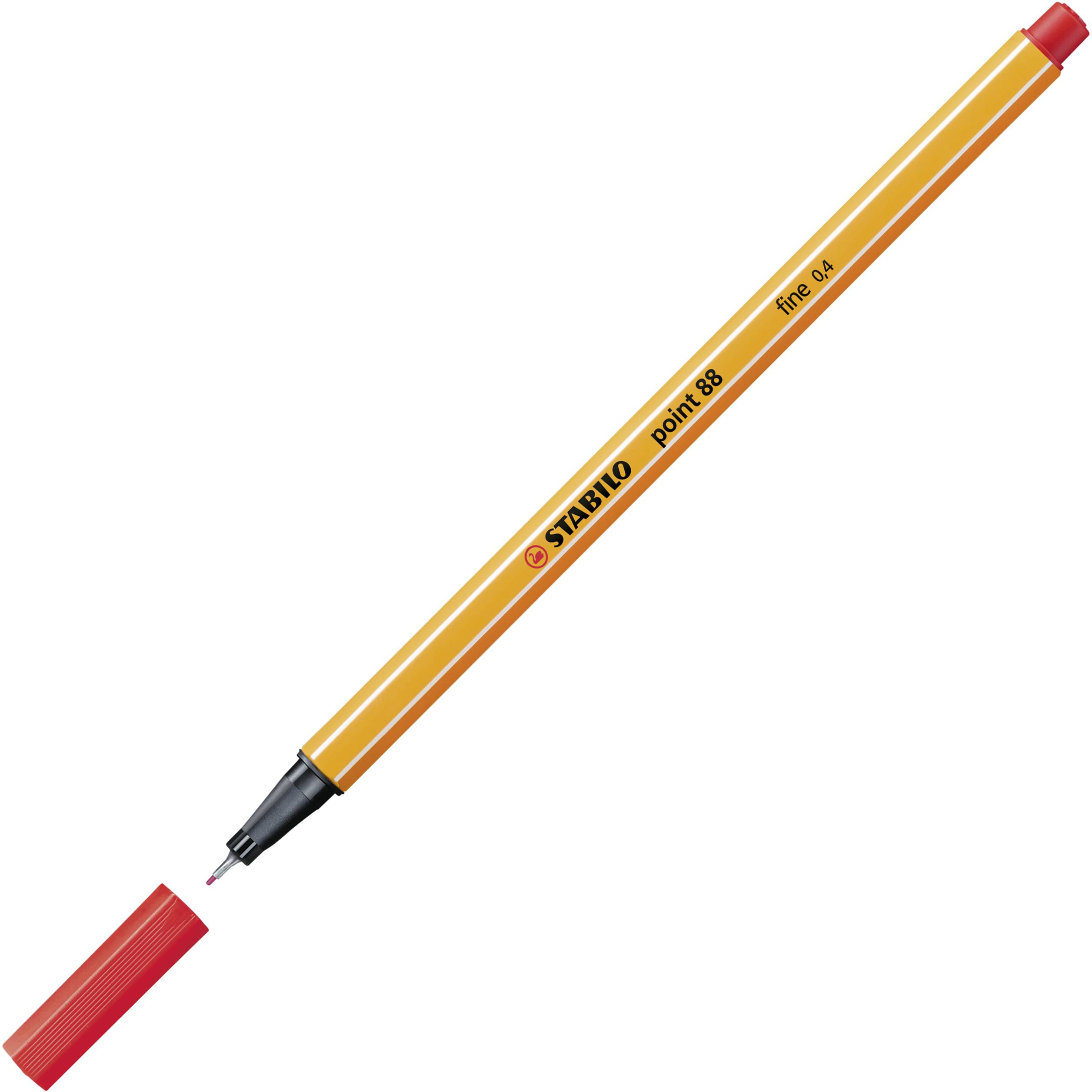 Ein orangefarbener Stabilo-Feinschreiber mit roter Kappe, getrennt vom Stift, zeigt die schwarze Spitze.