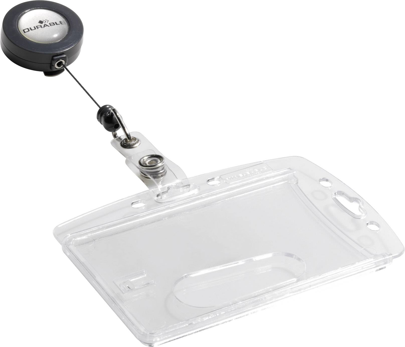 Transparente Plastikkarte mit Clip-Halterung und aufrollbarem Band, verwendet für Namensschilder oder Ausweise in Büroumgebungen.