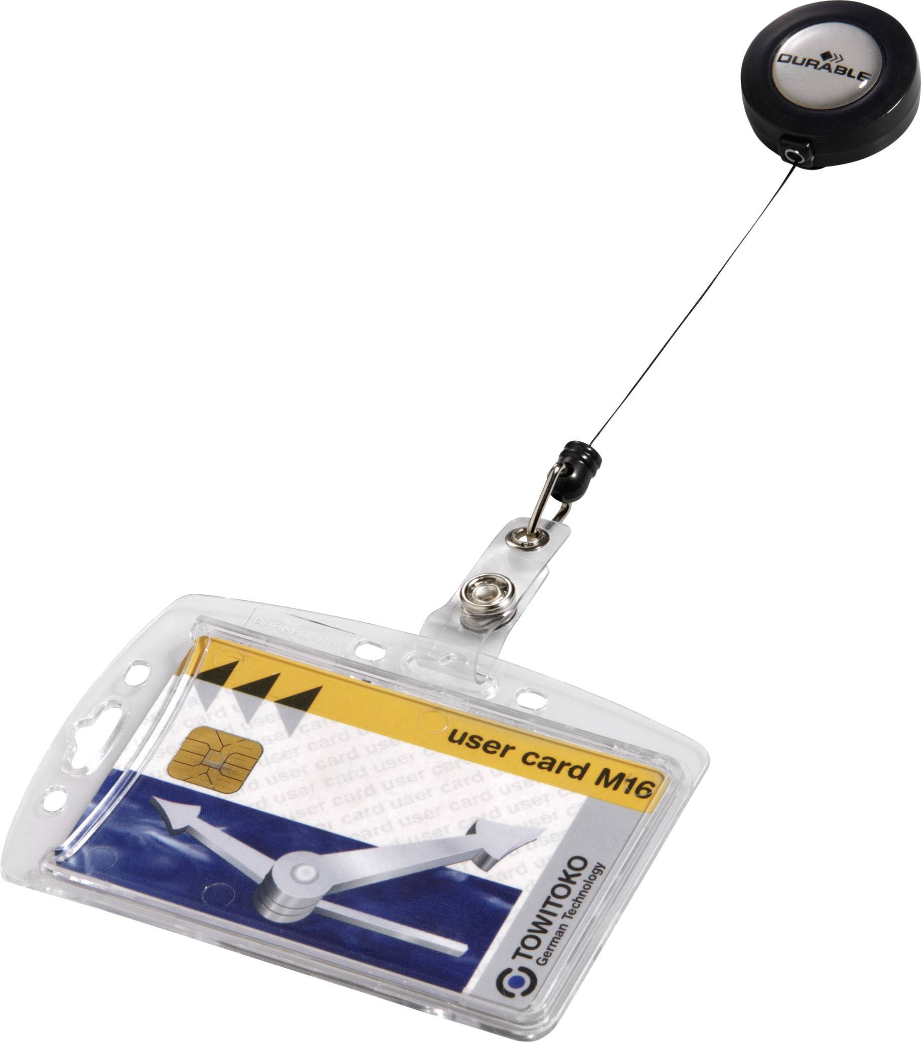 Eine Plastikkarte in einem Klarsichthalter hängt an einem ausziehbaren Clip. Auf der Karte steht 'user card M16' mit Pfeilgrafik.