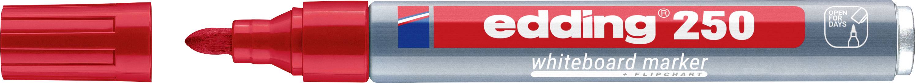 Roter Whiteboard-Marker mit aufgesetzter Kappe, beschriftet „edding 250 Whiteboard-Marker