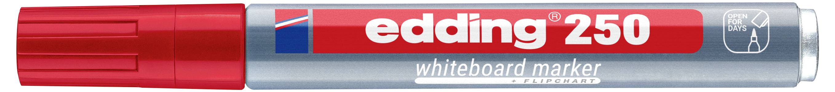 Roter Edding 250 Whiteboard-Marker mit Kappe und weißem Schaft, beschriftet mit "edding 250" und "whiteboard marker".