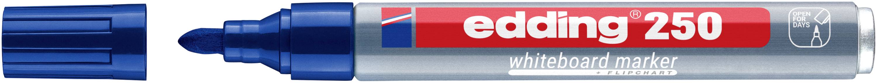 Blauer Edding 250 Whiteboard-Marker mit abgenommener Kappe, zeigt die Keilspitze und das rote Etikett auf dem Schaft.
