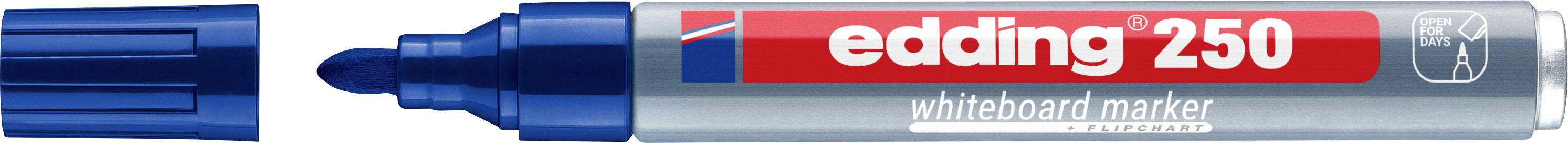 Blauer Edding 250 Whiteboard-Marker mit abgenommener Kappe, zeigt die blaue Spitze und das rot-silberne Etikett.