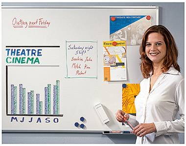 Eine Frau steht lächelnd vor einem Whiteboard. Auf dem Board sind Diagramme und Notizen, darunter 'Samstagabend', 'Theater', und 'Umwelt'.