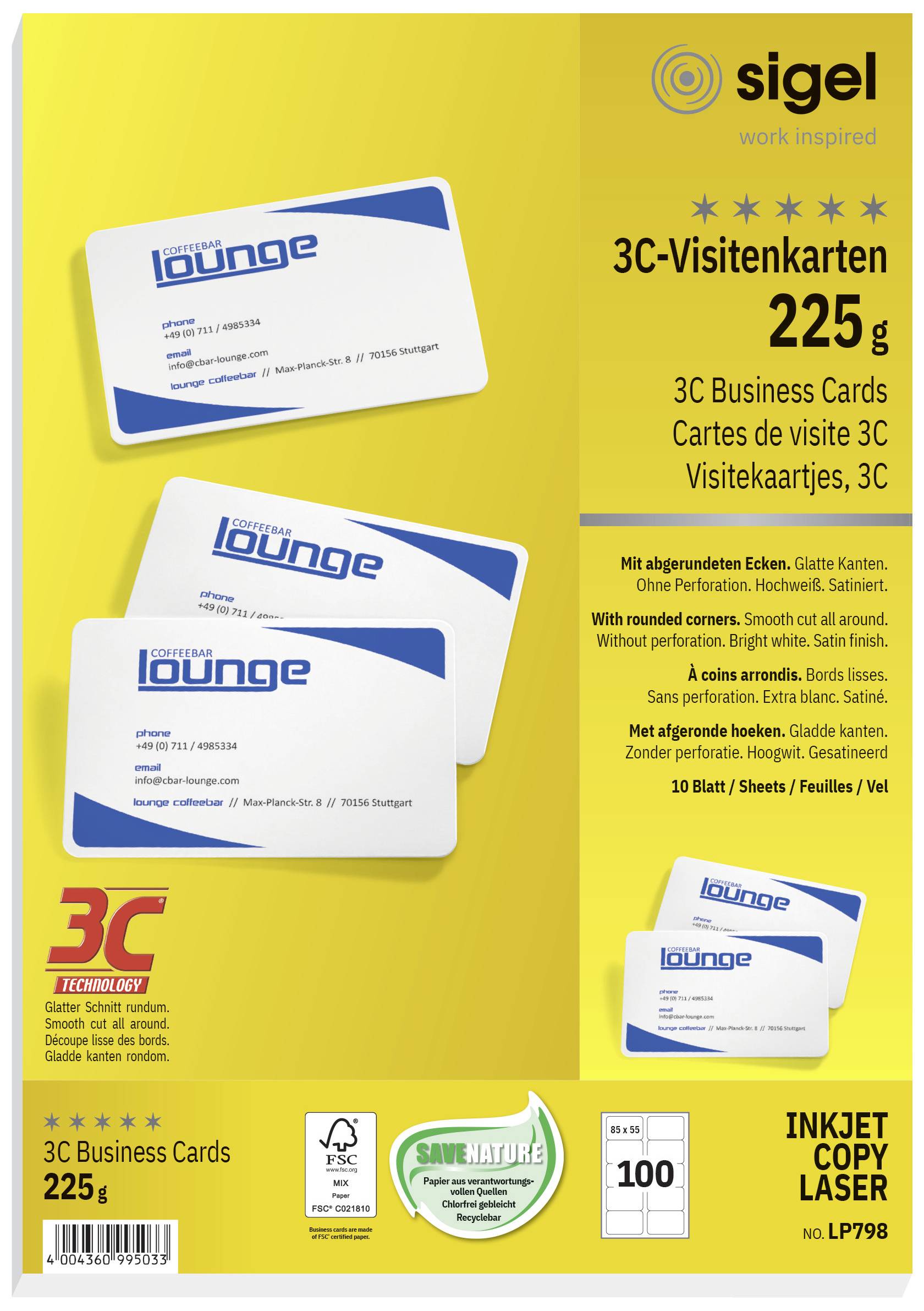 Sigel LP798 Bedruckbare Visitenkarten, glatte Kanten 85 x 55 mm Hochweiß 100 St. Papierformat: DIN A4