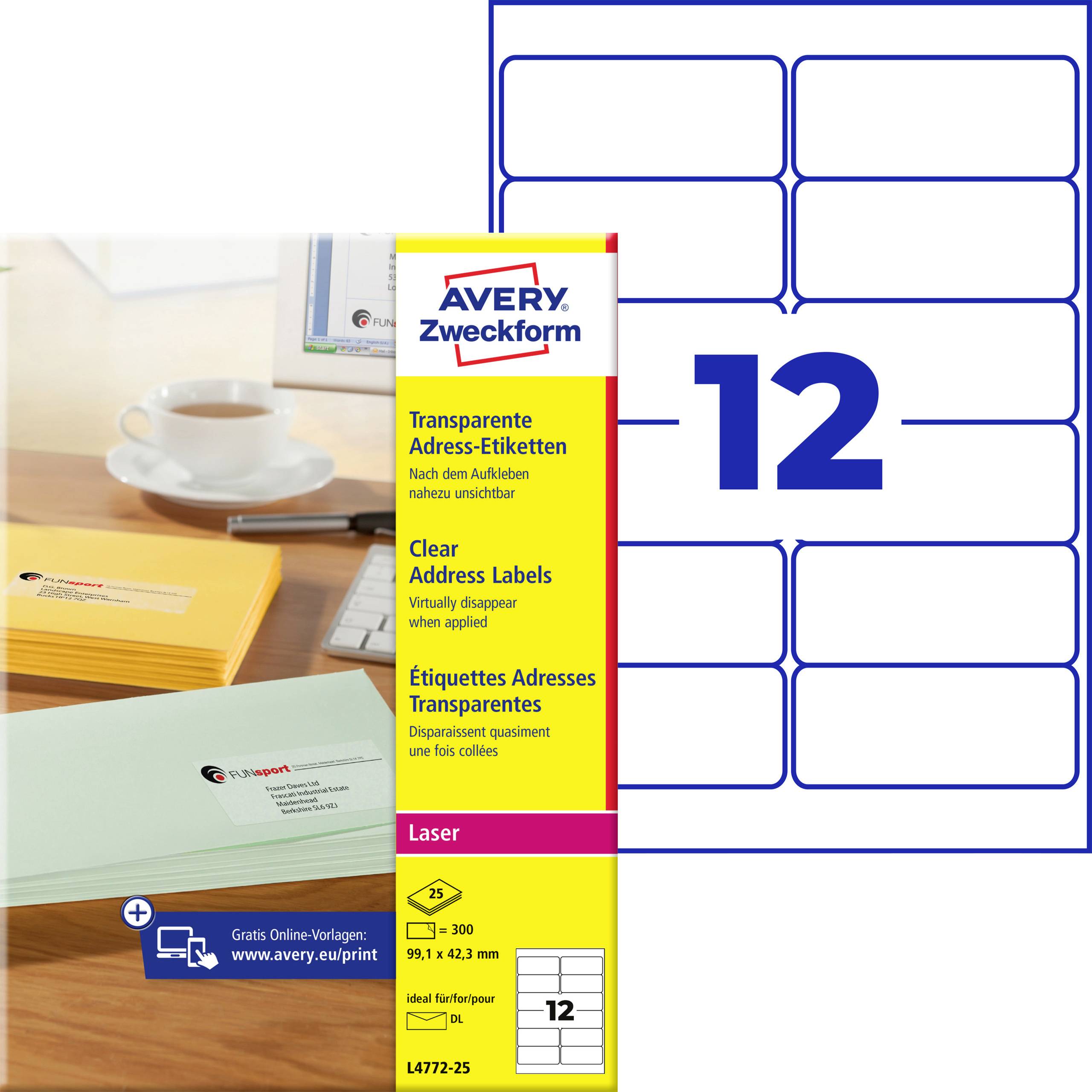 Avery Zweckform transparente Adressetiketten-Packung für Laserdrucker, zeigt 12 Etiketten pro Blatt mit einer Blattanzahl von 25 und ein Etikettenvorlagen-Diagramm.