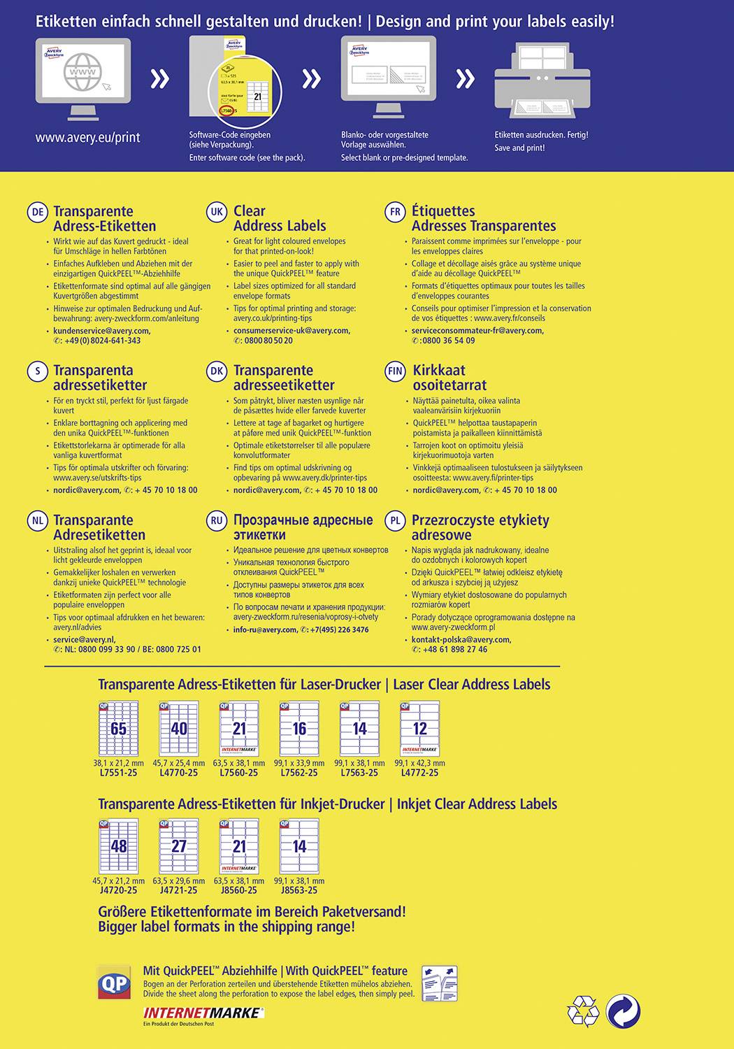 Zweckform Avery-L4772-25 Adress-Etiketten 99.1 x 42.3mm Polyester-Folie Transparent 300 St. Permanent haftend Laserdrucker